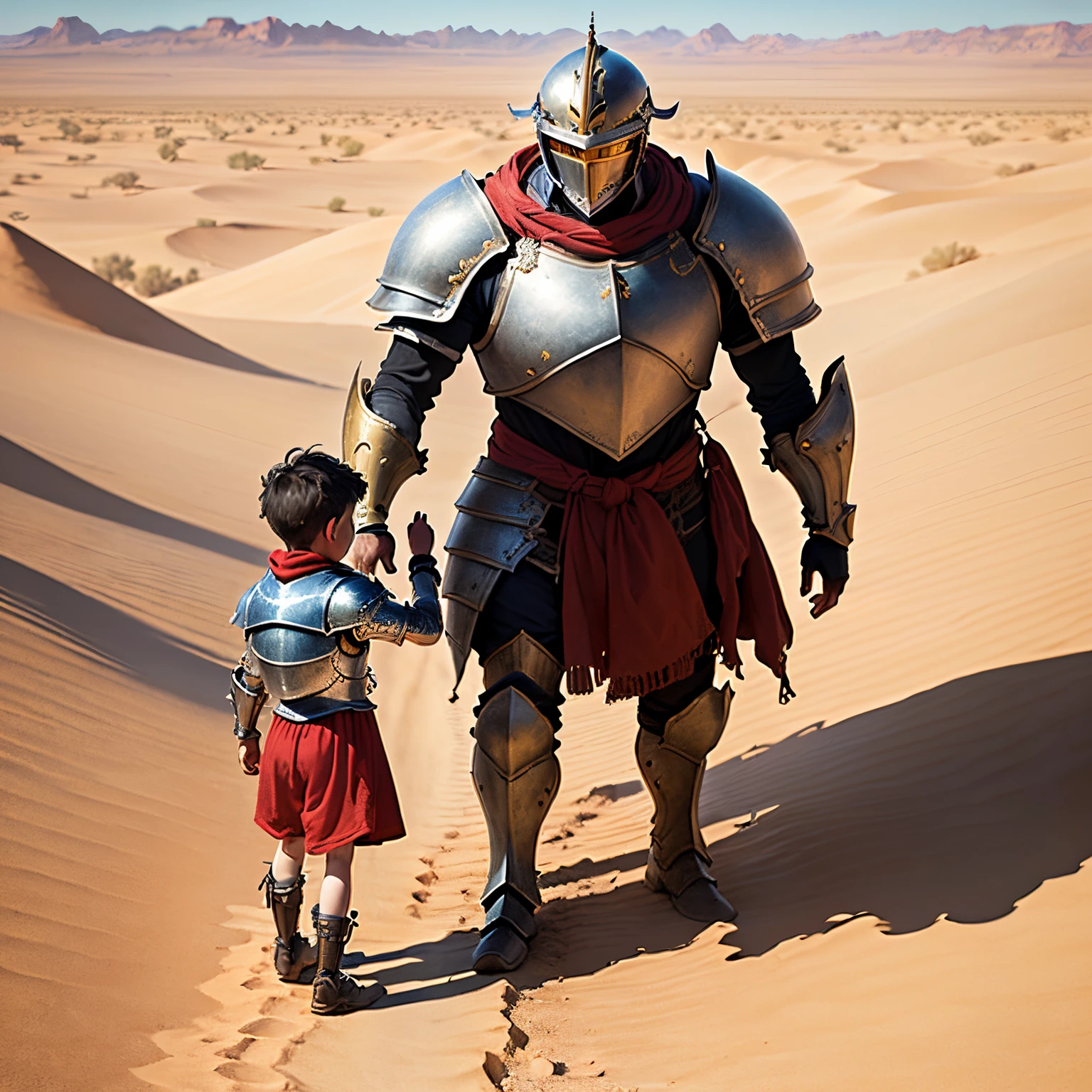 A small boy in front of a giant dressed in armor in a desert setting