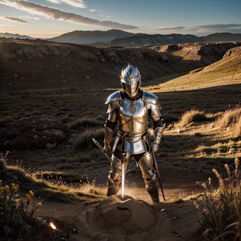 A warrior in silver armor and a sword stuck in the ground glowing with yellow light, with a beautiful landscape behind him.