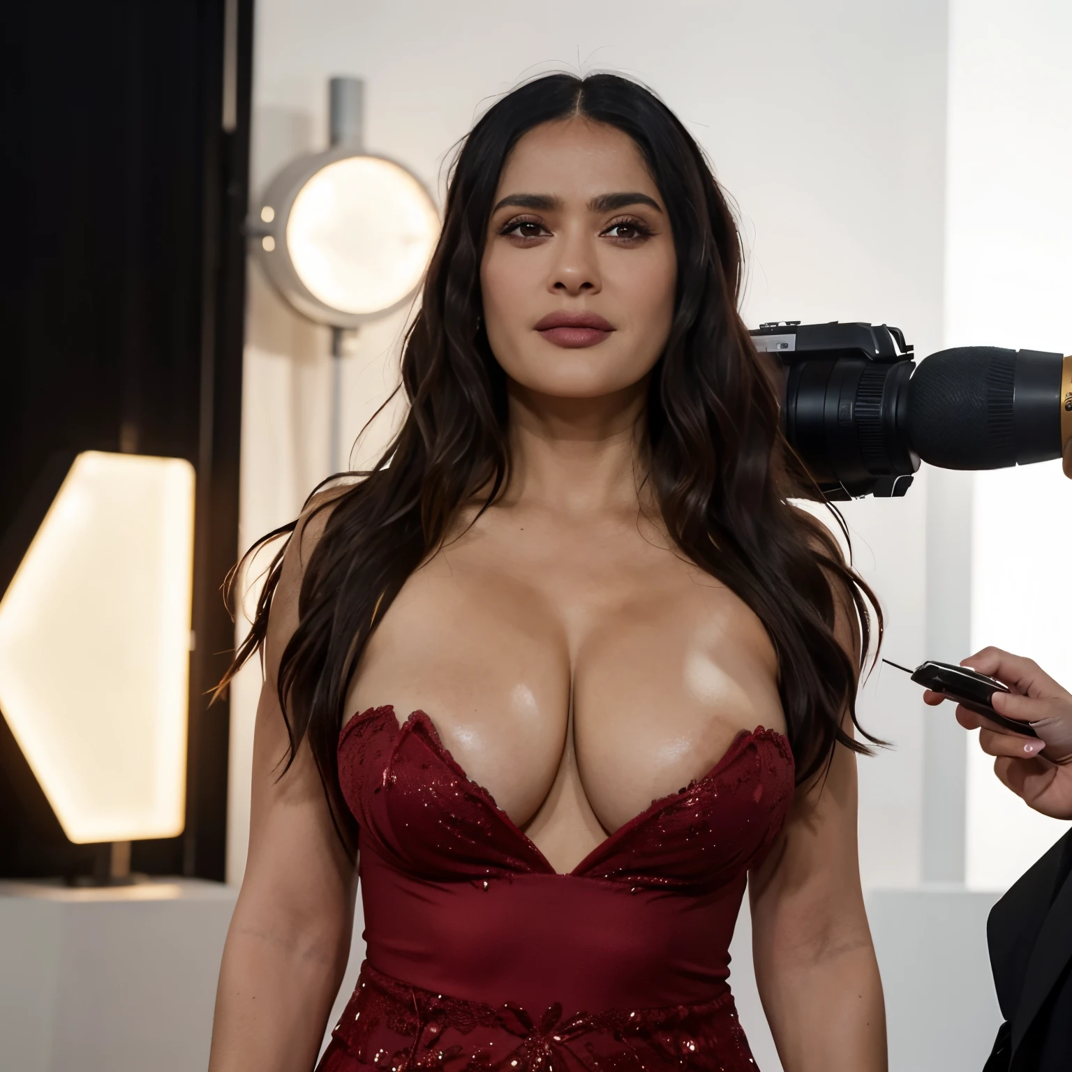 (masterpiece:1.2, Best Quality:1.2), 32K HDR, High resolution, Solo, 1girl in, (ultra-realistic portrait of Salma Hayek:1.1), (Black hair, Long hair, mexican actress, Mature Face, realistic 45 year old, Realistic nasolabial folds:1.1, fine lines:1.1), Sheer dress, purple dress, unzip the dress, gigantic cleavage breasts, (walking on red carpet:1.2, surrounded by media, reporters, press, paparazzi, camera man), Detailed eyes, Detailed skin texture,