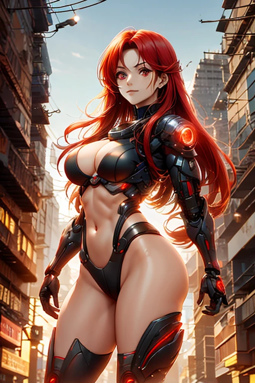 A red haired female cyborg with red eyes is standing in a burning city.