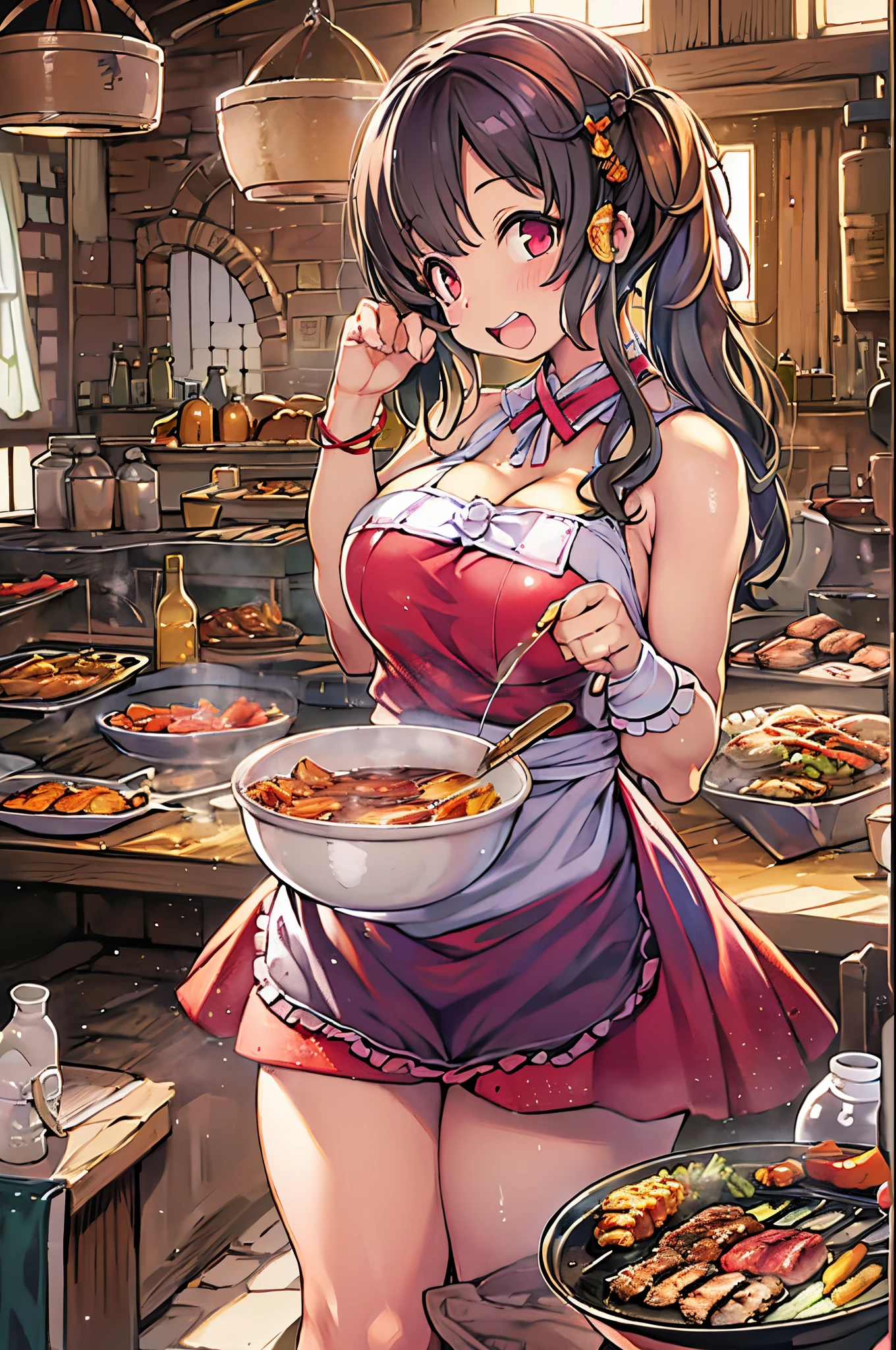 A woman in a tight tank top and tight hot pants eating Tom Yum Goong at a Thai food stall highest quality String Panties