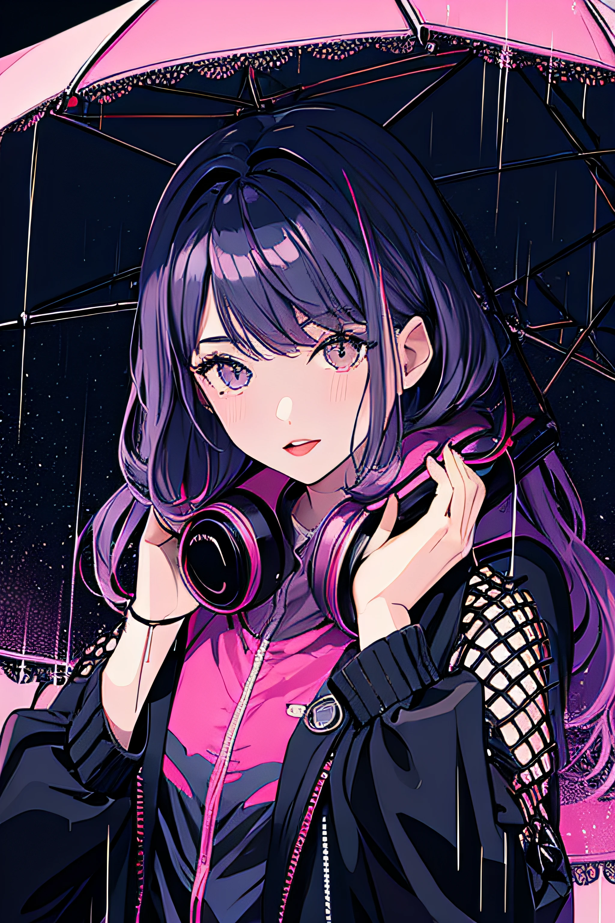 (masterpiece, top quality, best quality, official art, beautiful and aesthetic:1.2), girl, alone in the rain with a jacket in a dark city, extreme detailed,highest detailed, optical mixing, playful patterns, lively texture, unique visual effect