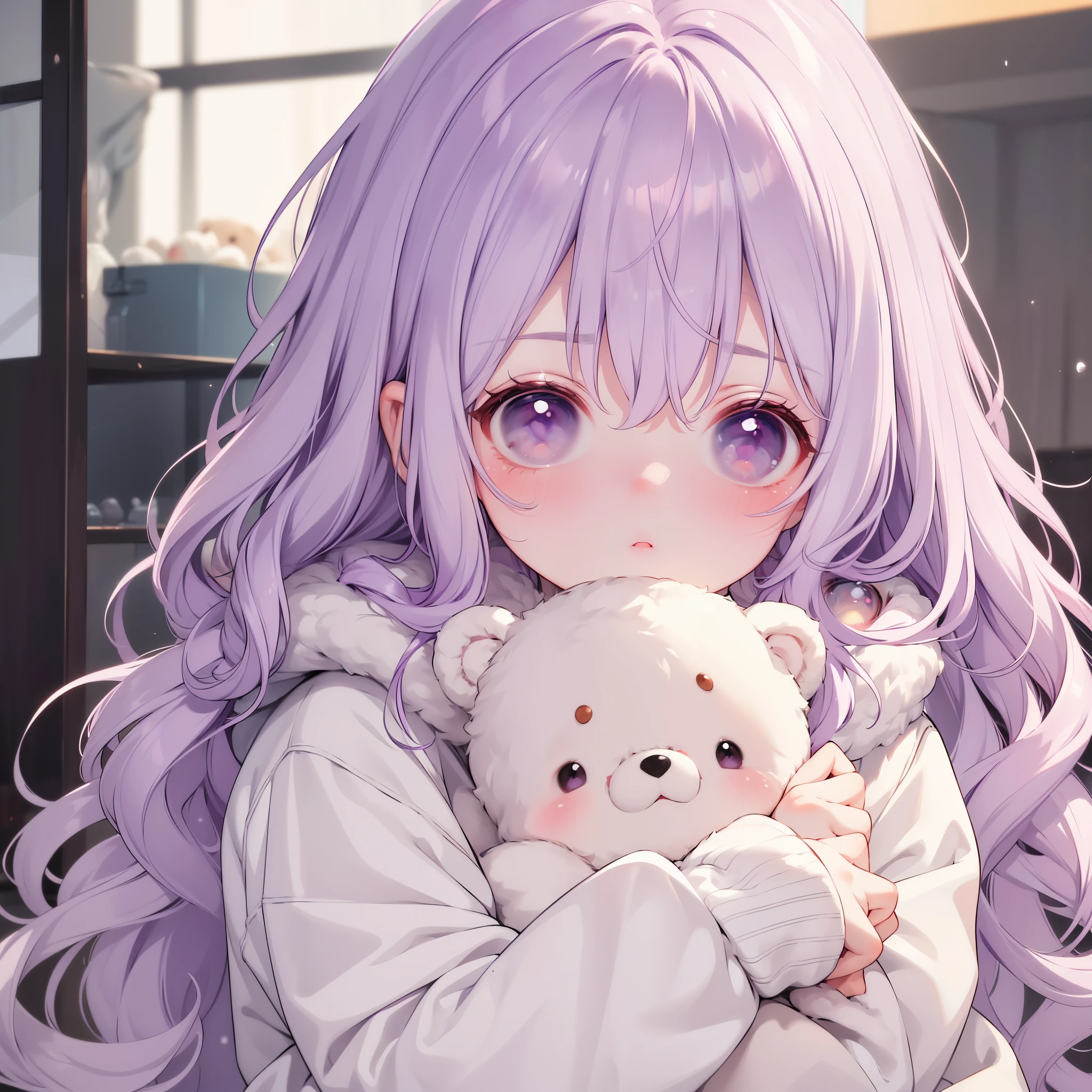 Masterpiece, best quality, high quality, ultra detailed, ((1girl)), pale purple hair, long wavy hair, fluffy hair, purple eyes, angry, closed mouth, ((blush)), wearing coat and muffler, holding teddy bear in her arms, soft moe illustration, portrait, kawaii, (((looking at viewer))), upper body, frontal face