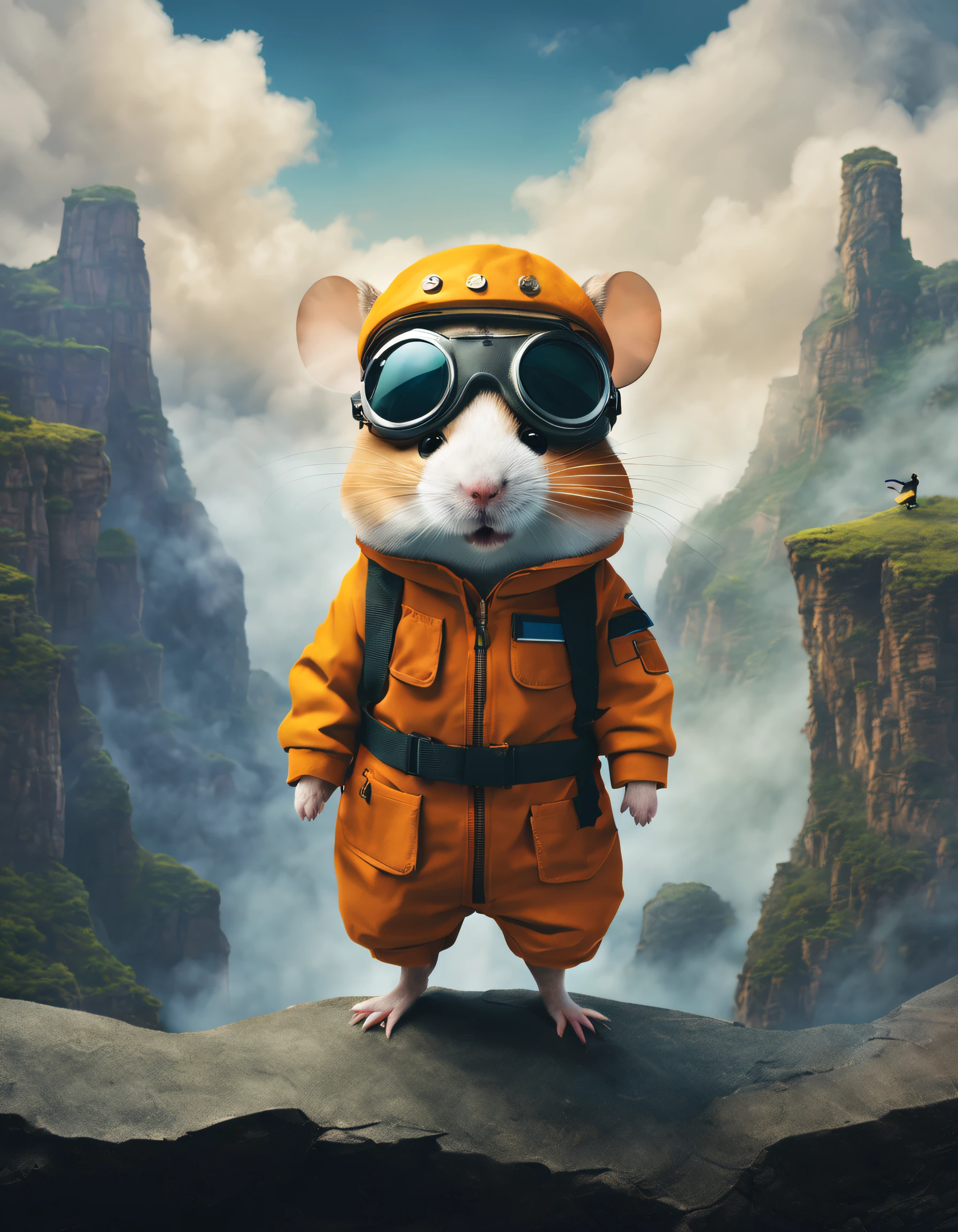 （Cute adventurer hamster standing on the plane），Wear flight suit and goggles，The expression of the fourth middle school student，Background with：Between two mist-shrouded cliffs，
pixar-style，Felicia Simien and Studio Ghibli-style minimalist photography，Produced by Pixar，Maximalism，fine art，negative space，Dark art，