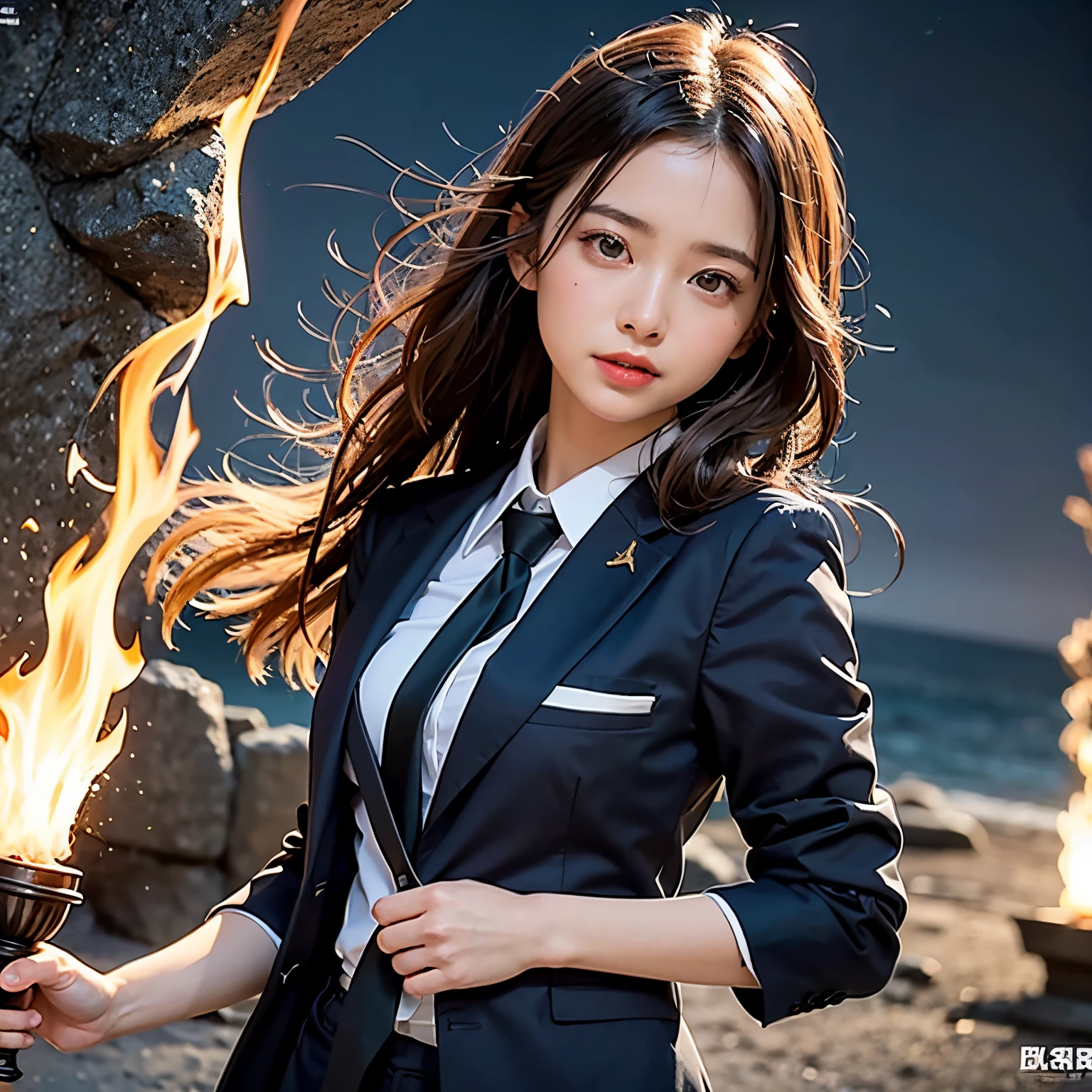 (masutepiece, Best Quality:1.2), 8K, Official art, Wearing a suit、Full body photo, full body Esbian、Emma fastening her tie. Beautiful barefoot woman with dark hair floating in the air, hold a flame in your right hand、in his left hand he holds a lightning bolt、Bright lava light rises above the broken Earth from beneath the asteroid belt(Jagged rock rocks and fragments shot into the air:1.3) (Storm of windy dust debris:1.1) Volume fogmist by trace Z、It can allow bright light from below to pass through、 (​masterpiece) (top-quality) (detaileds) (8K) (电影灯光) (foco nítido) (Convoluted)A dark-haired、ars、small tits、A delightful、A smile、unbelievable Ridiculous, (Beautiful girl with upper body, Pretty Face, arching back down, Gold hair ornament on hair、Wearing a cute suit、close up, Wearing a suit, Short sleeve, gardenia, violaceaess, Teen, space system, Looking at Viewer, Film grain, chromatic abberation, Sharp Focus, face lights, Dynamic lighting, Cinematic lighting, Eyes and faces with detailed, Bokeh background, (Tie with Emma written on it、1 copy:1.2)
