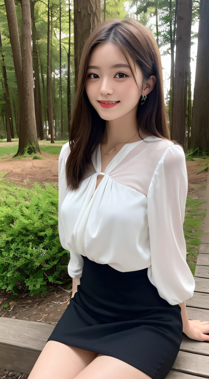 (Best Quality, masutepiece, Ultra HD: 1.3, High brightness, High color saturation), 1girl in, (middlebreasts), light brown hair, Asymmetrical hair, straight haired, Long hair, ( slender body shape, Constricted waist), (Ultra Fine Face), Delicate lips, (beautidful eyes), thin blush, eyes are brown, perfect glossy skin, View here, Smiling smile, ( hide one's hands), (Sitting on a bench), (thin and long legs, Thighs and toes:1.5), See-through white blouse, (Black enamel mini skirt*1.5), (Black stockings), (a japanese girl, hposing Gravure Idol), Broad-leaved forest, 135 mm, Fuji Film