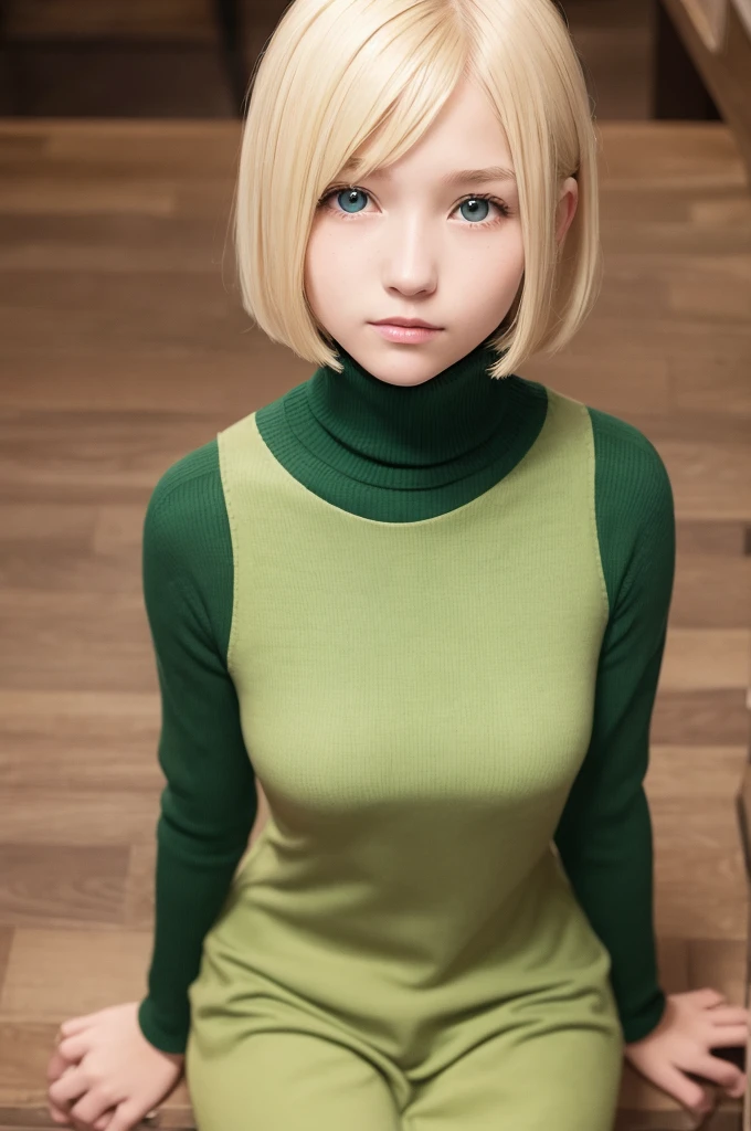 a very cute blonde girl wearing vivid darker yellowgreen chest-hole-cut-out breast-exposing turtleneck, sitting in cafe posing for picture, bob-cut hair, small breast, raw photo