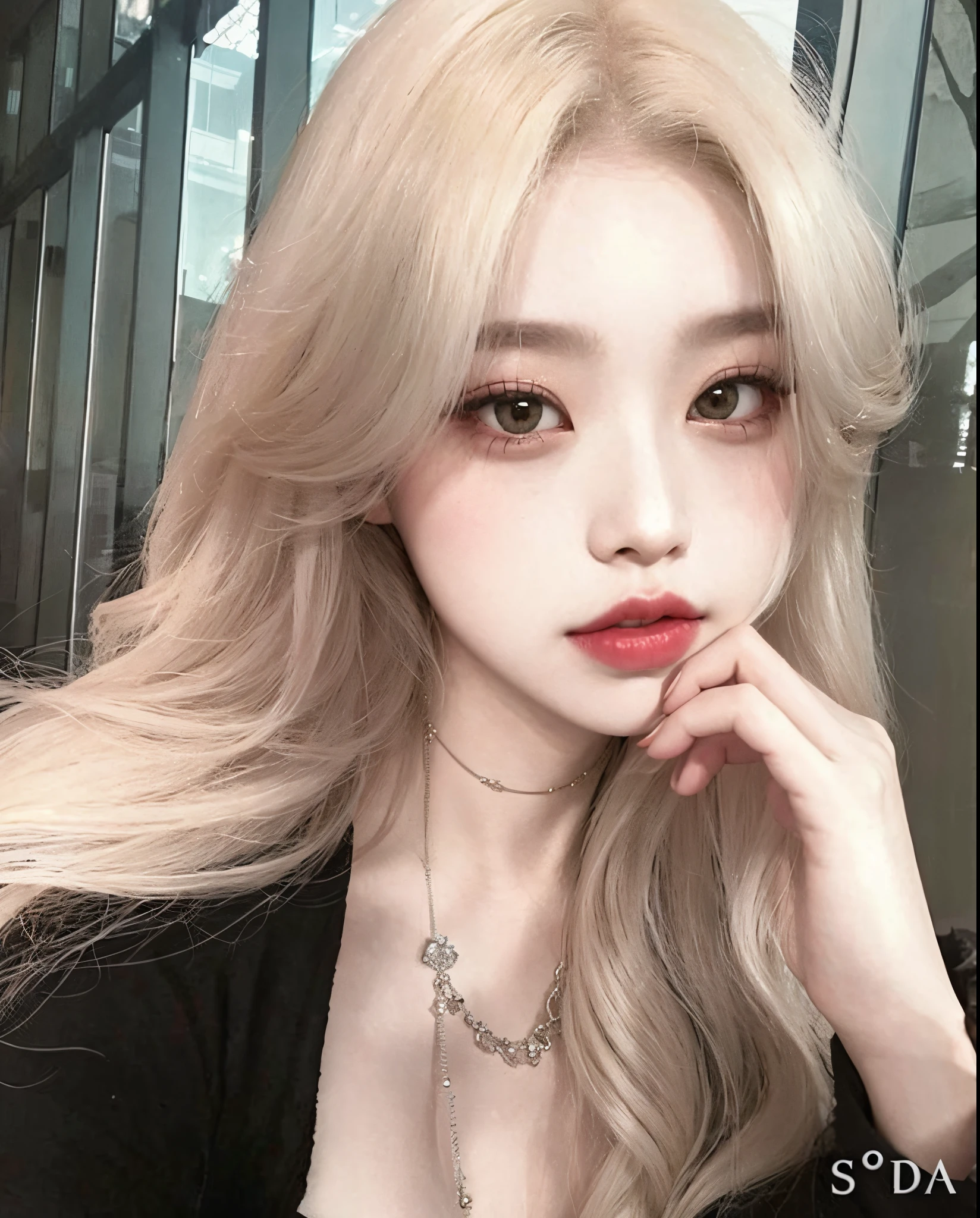 um close up de uma mulher com longos cabelos loiros e um colar, Ulzzang, cruel korean goth girl, pale porcelain white skin,  coreana, maquiagem sul-coreana popular, wan adorable korean face, pale round face, maquiagem coreana popular, Mulher sul-coreana bonita, Menina na vida real, beautiful aesthetic face, pale white face, extremely pale blond hair