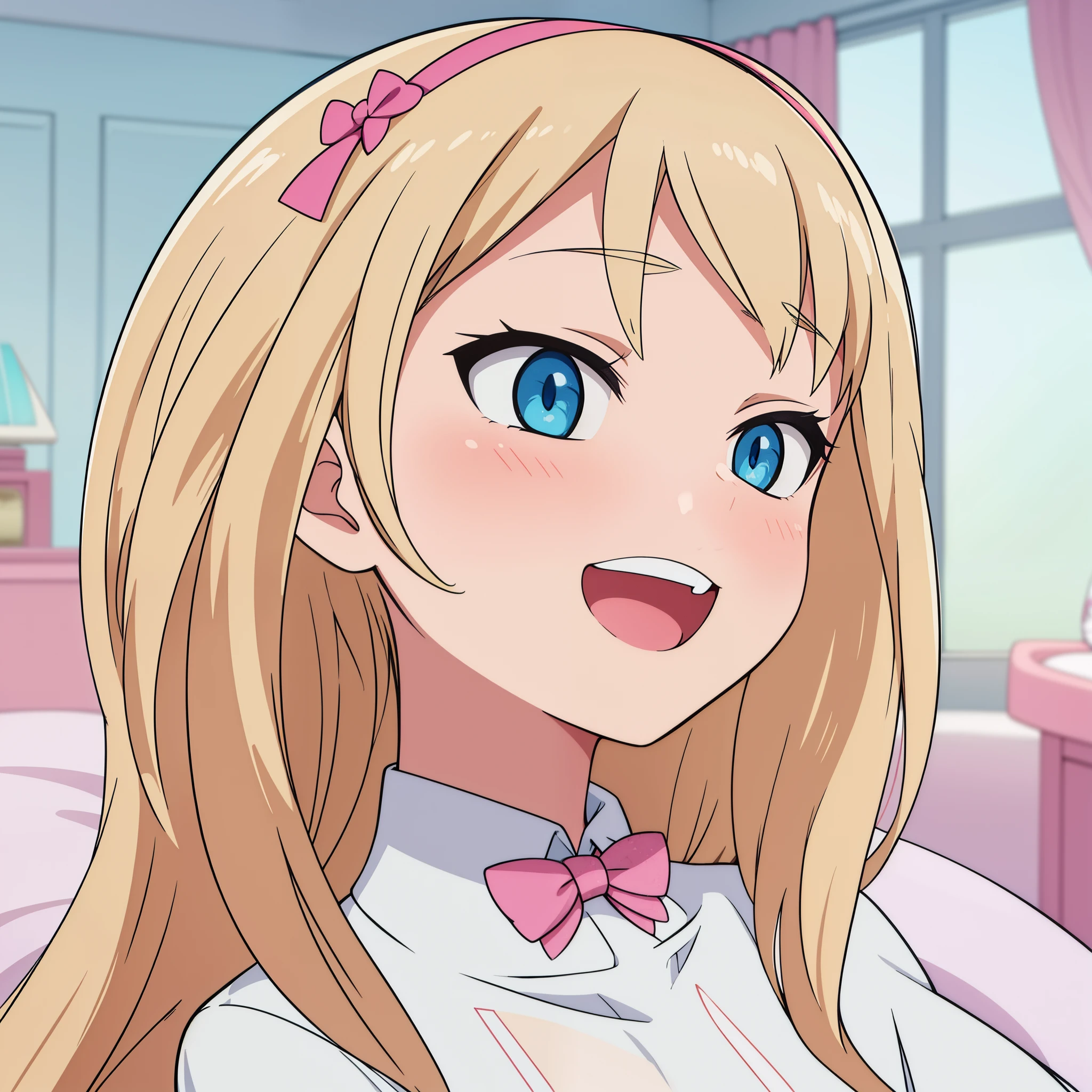 hiquality, tmasterpiece (one girls) Smile with open mouth and teeth. blonde woman. blue eyes. shadow near the nose. white shirt. ssmile. Pink Bow. pink ribbon on hair. In the background is a room with a nightstand and a bed with a window...........
