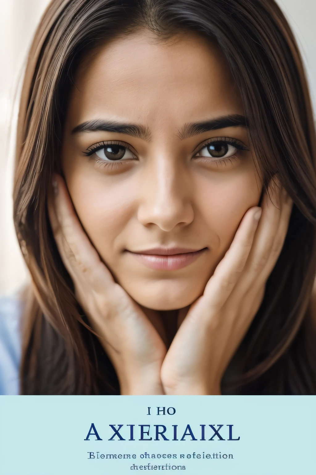 Hello, I'm a psychologist and I'm developing an ebook for people who take the entrance exam and want to study medicine and have symptoms of anxiety. I would like a cover for my material that shows a normal young woman showing symptoms of anxiety and agitation while studying, mas que consiga lidar com isso e superar isso, She is in a well-lit room, com livros em volta.