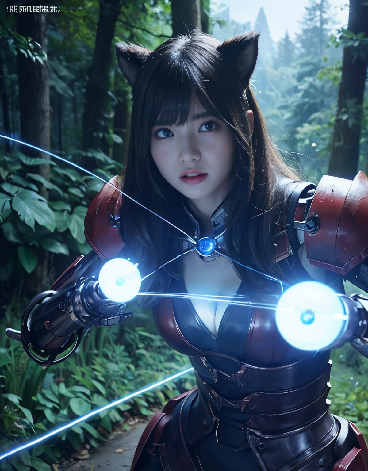 (1 Mechanical Girl)、top-quality、masterpiece、超A high resolution、(Photorealsitic:1.4)、Raw photo、1人、Fight mutants、glowy skin、(((1 Mechanical Girl)))、With a beautiful knife、(Red Metal Bodysuit)、(Fight goblings、ogre、Fiettle with orcs),(Fight fiercely t aliens)、Fight fiercely、(beautorest background)、(Fighting Demonic Beasts)、(Small LED)、((super realistic details))、portlate、(Strong giant demon beast background),globalillumination、Shadow、octan render、8K、ultrasharp、Colossal tits、Raw skin is expoin cleavage、metals、Details ox ornaments、Japan details、highly intricate detail、Realistic light、(Mystical expression),CGSoation Trends、Blue eyes、radiant eyes、Facing the camera、neon details、(Mechanical limbs)、(blood vessels connected to tubes)、(Wires and cables connecting to the head)、Small LED、,Mechanical thighs、Toostock、(Hands are also made of machines)、(Attack of the Monster Beasts)、