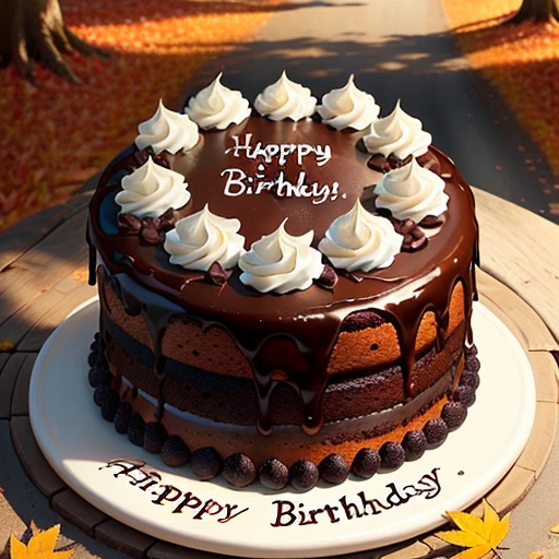A chocolate cake in the autumn outdoors with the inscription: Happy Birthday