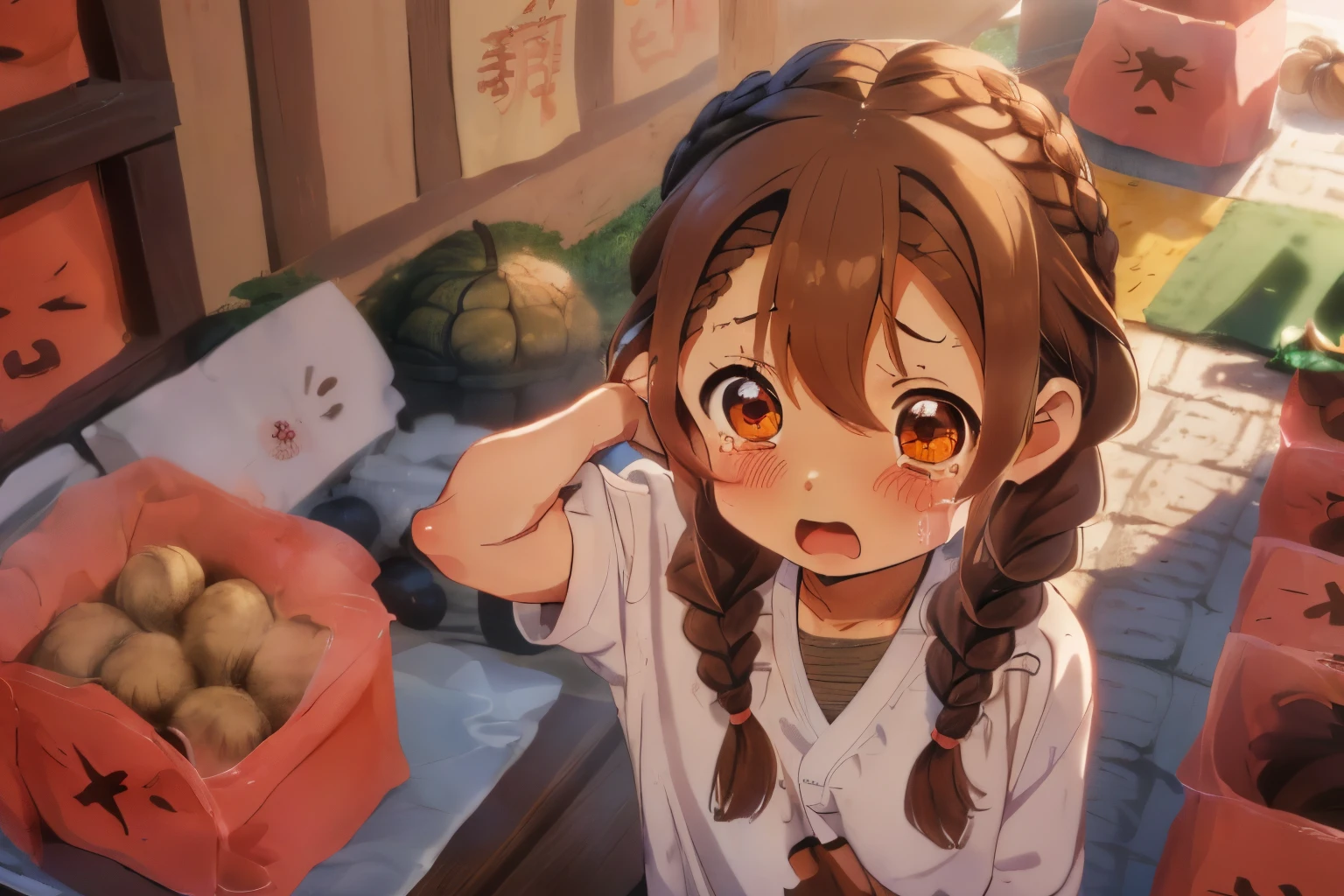 ((Character 1)),fluffy hair,brown haired,((Braiding,Braids,Odango Hair)),Slightly red tide,((Brown eyes)),(Mini),((Chibichara)),Crying face,((I'm panicking and flapping my hands)),