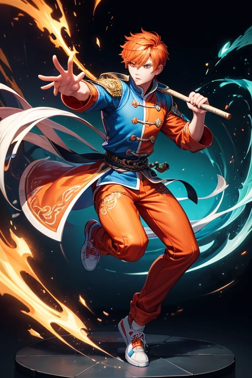 digital art, intricately detailed illustration of a mobile legends character man just one metal arm and leg called street legend holding a kung fu stick, short orange hair, blue eyes, full body shot, blue jacket, black short, red trainers, blue headphones, (white background solid) illustration by MSchiffer, Animation, full light,full body shown, best quality, bold colors, high saturation, zoomed, ultra smooth focus,