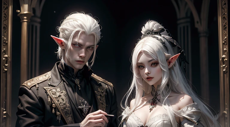 a white haired vampire man with a oriental gothic woman(black hair, no elf) and a blonde elf woman