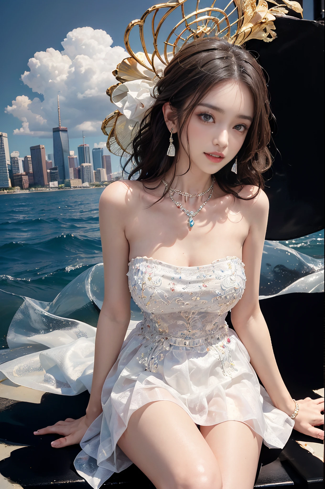 araffed asian woman in a white dress sitting on a boat, gorgeous chinese model, a beautiful fantasy empress, japanese goddess, beautiful goddess, beautiful maiden, ((a beautiful fantasy empress)), ethereal beauty, a beautiful woman in white, gorgeous beautiful woman, gorgeous lady, beautiful asian girl, Ghost Festival, queen of the sea mu yanling