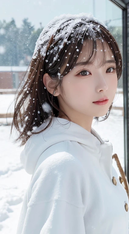 (komono)、、(top-quality,masterpiece:1.3,超高分辨率,),(ultra - detailed,Caustics),(真实感:1.4,RAW shooting,)Hyper-realistic capture,A very detailed one,HD 16K human skin、 Natural skin texture、、Skin looks healthy、even skintone、 Use natural light and color,A woman who is,japanes,,kawaii,A brunette one,mid hair,(depth of fields、color difference、、Wide range of lighting、naturalshadow、)、、(Falling snow:1.3)、(Hair swaying in the wind:1.2)、(Snow reflects light:1.3)