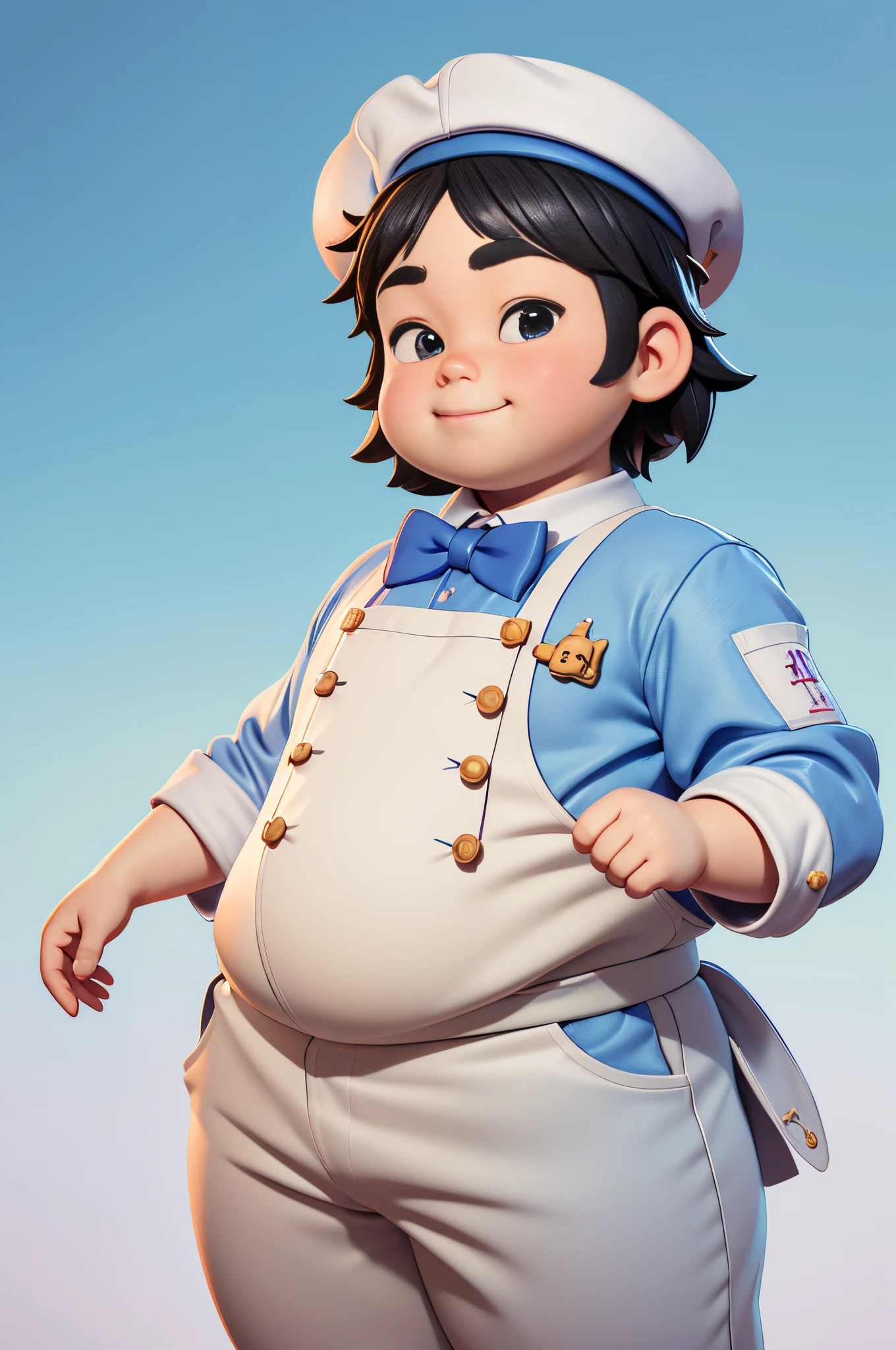 (Best quality at best,4K,8K,A high resolution,tmasterpiece:1.2),ultra - detailed,(actual,realistically,realistically:1.37)A happy little fat man。Young boys。he is a chef。chef's hat。White chef's suit。blue bowtie。highly detailed character, Anime style 3D, algorithm animation, Rothko style, Cute and complex digital art, Highly detailed character design, Close-up of people, realistic anime 3D style, Children's Art Station