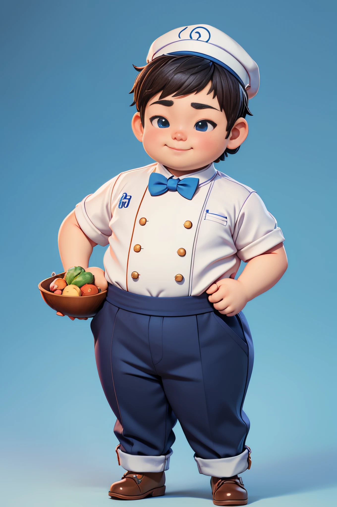 (Best quality at best,4K,8K,A high resolution,tmasterpiece:1.2),ultra - detailed,(actual,realistically,realistically:1.37)A happy little fat man。Young boys。he is a chef。chef's hat。White chef's suit。blue bowtie。highly detailed character, Anime style 3D, algorithm animation, Rothko style, Cute and complex digital art, Highly detailed character design, Close-up of people, realistic anime 3D style, Children's Art Station