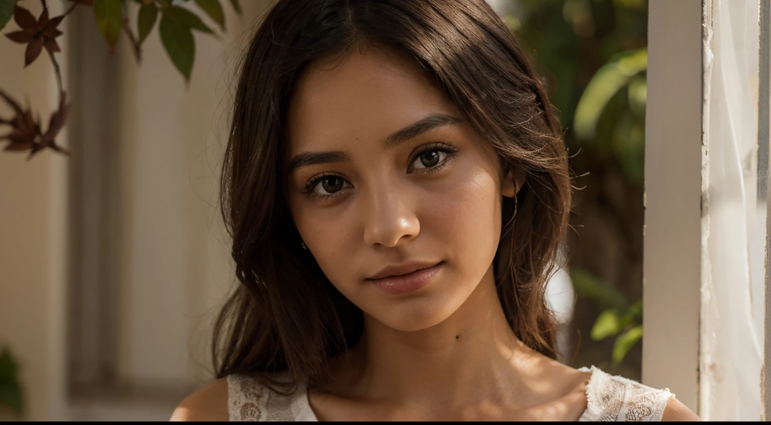 Young lady, morena, roupas comportadas, with delicate appearance and shy expression