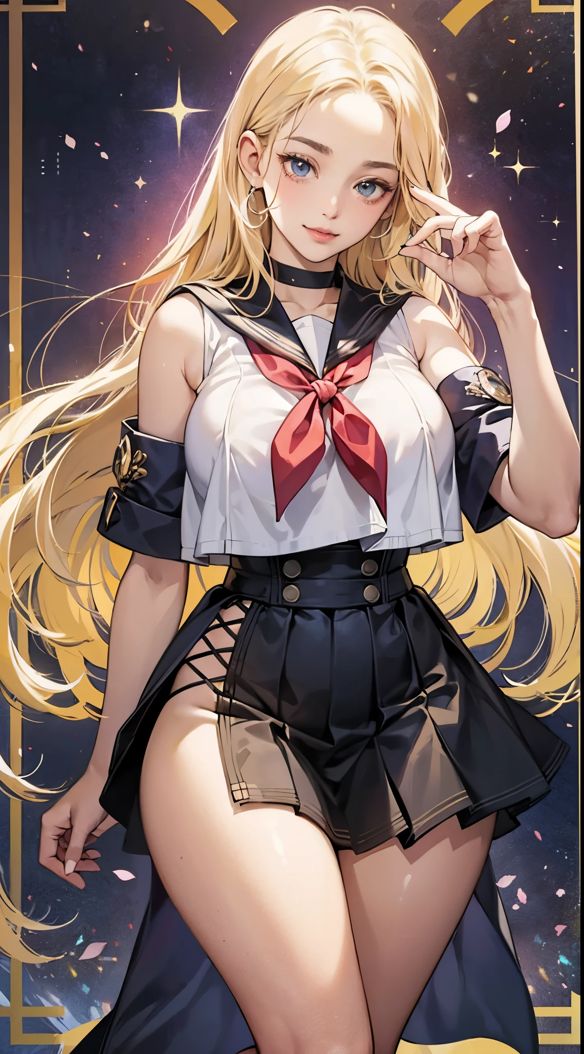 top-quality、realistic touch,high-detail、photoRealstic、Long body、captive beauty、big eye、huge tit、Strong platinum blonde eyelashes、platinum-blonde、Beautie、A sexy、full body Esbian、Sparkling eyes、Submissive smile、Flushed cheeks、Kamimei、thin-waist、Voluptuous thighs、Enraptured look、Raked bangs、The forehead is protruding、sleeveless、High school student in sailor suit、skirts that are too short、clothes with wide open sides