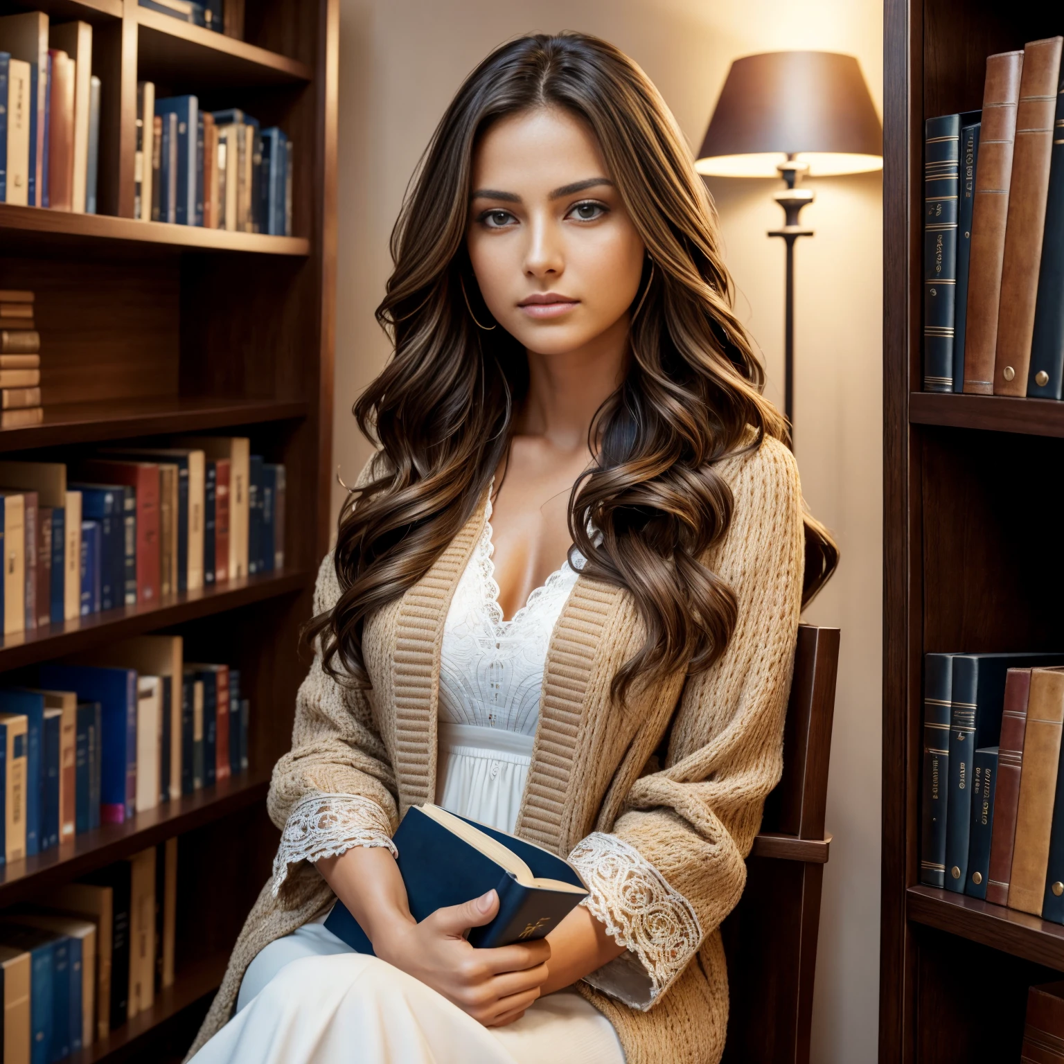 Photo of a woman with 45 years, beautiful brunette ((Model)) Christian Pastor, Looking forward seated, Light brown eyes, wavy hair, very imposing, feature of security and elegance, ((wearing palitó well ally)), (hypnotic), very detailed face, beautiful eyes, [in good shape],is holding a book apparently is a bible and behind a bookshelf, lovely,  (Rembrandt Lighting), zeiss lens, ultra realistic, (highly detailed skin: 1.2), 8k uhd, dslr, Dramatic Rim light, high quality, Fujifilm XT3,