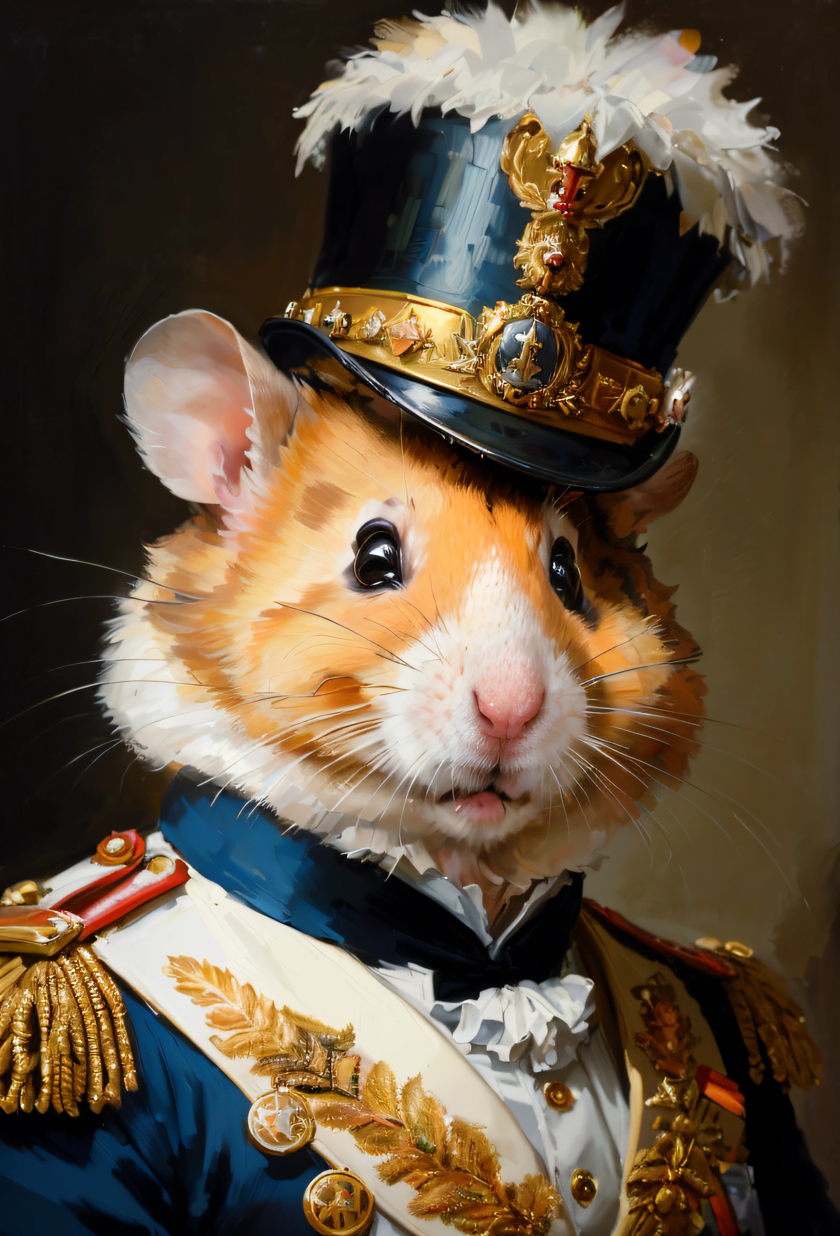 masterpiece, best quality, super detail, 8k, highres, oil painting, ((there is a hamster dressed in a military uniform and a hat)), closeup portrait, an anthropomorphic hamster, anthropomorphic hamster, animal portrait, portrait closeup, closeup portrait shot, award winning creature portrait, closeup photo, dressed in shako, close portrait, majesty in noble clothes