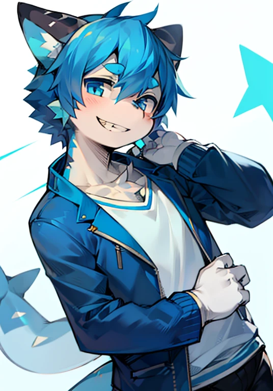 Shark with blue hair and blue eyes with a cute smile that showes his teeth in a blue jacket with a white shirt