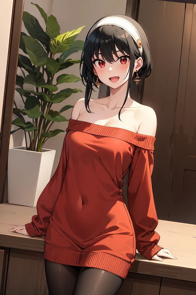 masterpiece, yor, 1girl, solo, looking at viewer, open mouth, black hair, red eyes, dress, bare shoulders, jewelry, collarbone, sidelocks, hairband, earrings, indoors, off shoulder, sweater,balck pantyhose,arms behind back, plant, short hair with long locks, white hairband, off-shoulder dress, sweater dress, off-shoulder sweater, red sweater, big side hair, very long side hair,smile,black pantyhose