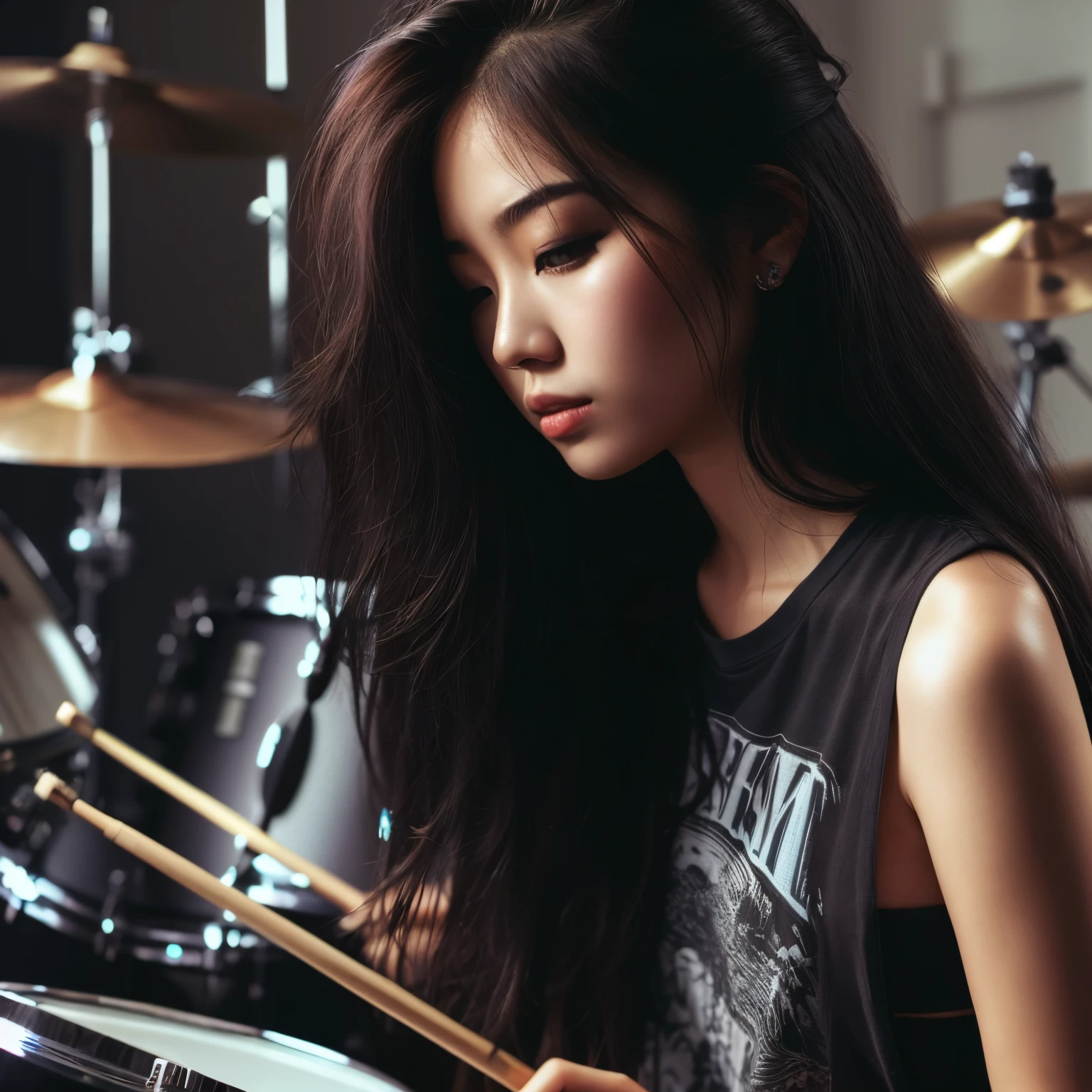 mulher arafa tocando bateria em um quarto escuro com uma bateria, tocando bateria, baterista, Asian women, Asian girl, Asian woman, Asian girl with long hair, bateria, menina do rock sonhadora, Beautiful Asian girl, asian female, young asian girl, an Asian woman, a young asian woman, rocking out, musician, young asian woman, Menina chinesa