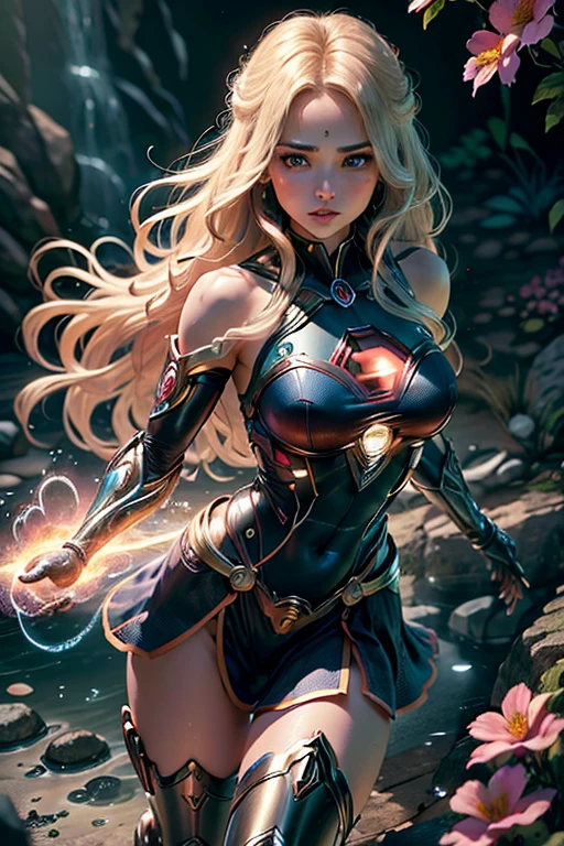 (melhor qualidade)), ((parte mestre)), ((realista)), (circunstanciado), rosto detalhado,Supergirl Mulher bonita (20 anos, longos cabelos loiros, olhos azuis) corpo definido, circunstanciado, Usando Supergirl Suite Cosplay Vestido de tubo,(((Seios enormes))), A hand reaches out to the sky to release thunder and lightning,fundo escuro,glute, pose sensual