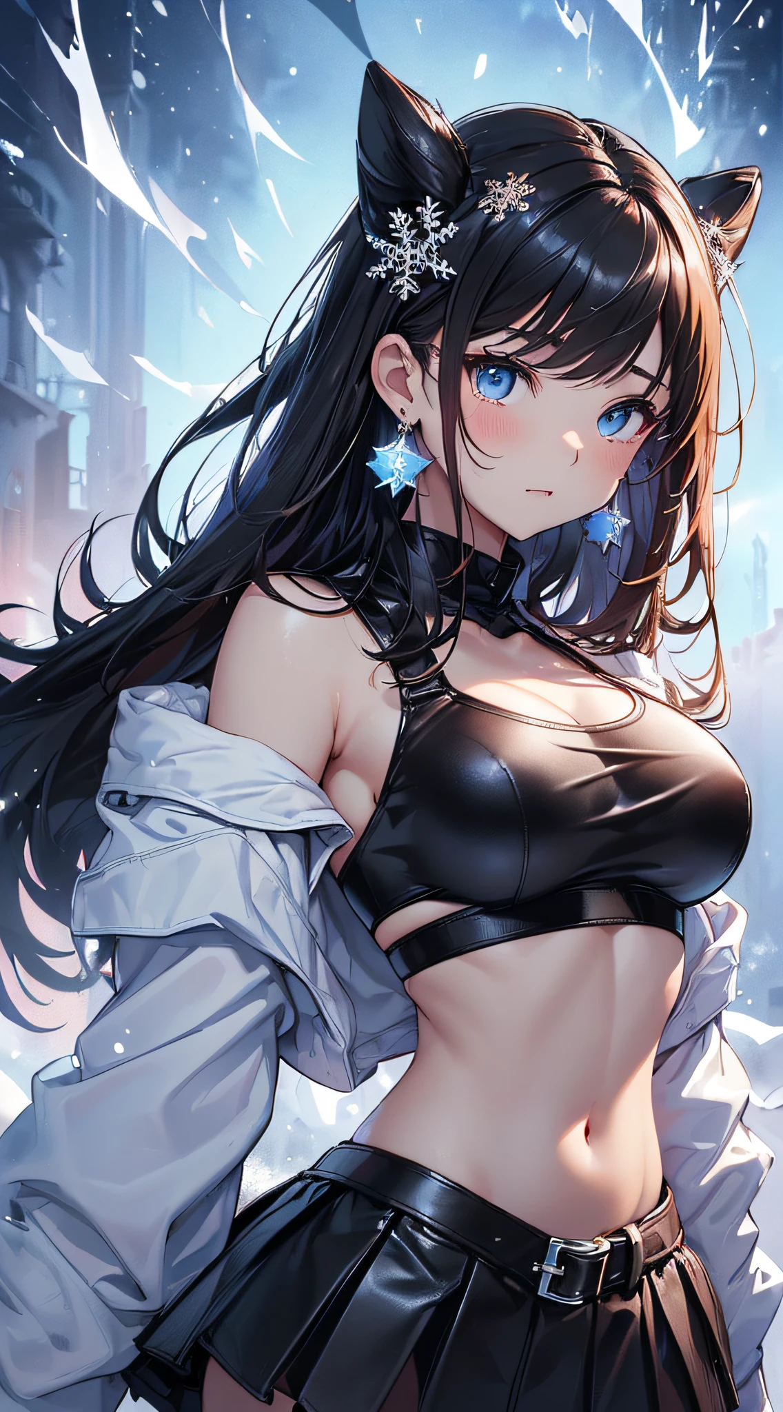 top-quality、Top image quality、masterpiece、girl with((Black Leather Sports Bra、black rollout jacket、Black leather skirt、、teen ager、cute lit Bust、big bast,Beautiful light blue eyes、Breasts wide open, a blond、A slender,Large valleys、belligerent movements,Holding a handgun、dye one's cheeks red、Cold weather、Laugh、sapphire earrings、White breath)),hiquality、Beautiful Art、Background with((universes、snowflakes falling、Heavy snow falls、Burning Fire)))、masutepiece、depth of fields,8K