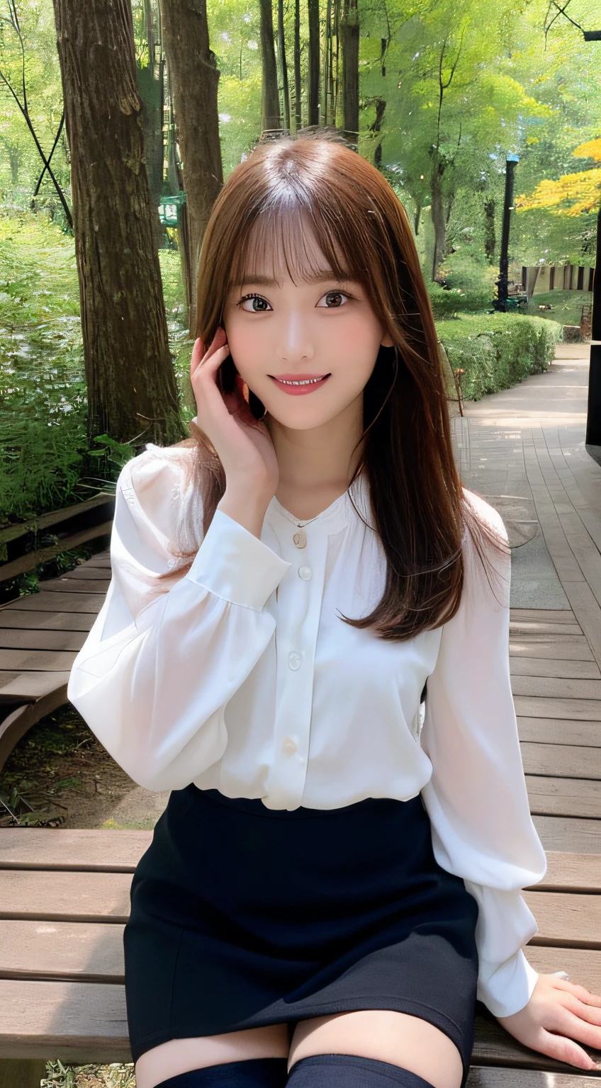 (Best Quality, masutepiece, Ultra HD: 1.3, High brightness, High color saturation), 1girl in, （middlebreasts）, light brown hair, Asymmetrical hair, straight haired, Long hair, （ slender body shape, Constricted waist）, （Ultra Fine Face）, Delicate lips, （beautidful eyes）, thin blush, eyes are brown, perfect glossy skin, View here, Smiling smile, （ hide one's hands）, （Sitting on a bench）, （thin and long legs, Thighs and toes:1.5), See-through white blouse, （Black enamel mini skirt*1.5）, （Black stockings）, (a japanese girl, hposing Gravure Idol), Broad-leaved forest, 135 mm, Fuji Film