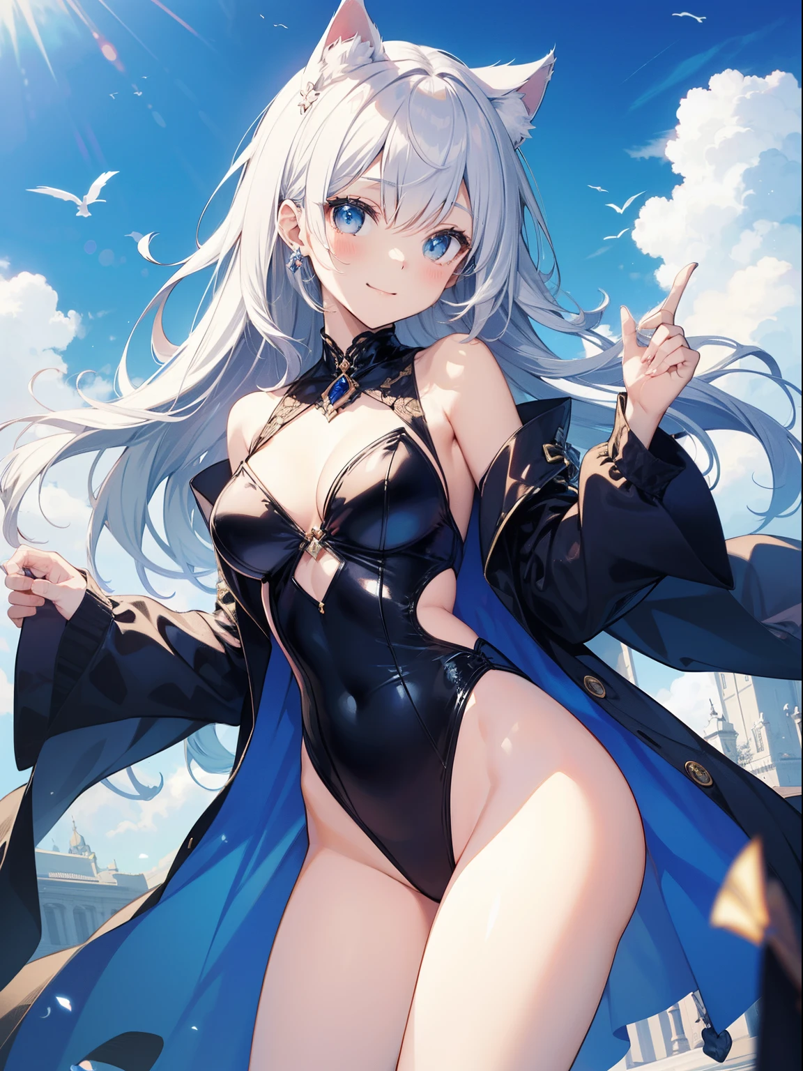 ((2D beautiful girl、top-quality、Perfect Finger 1.1、Perfect Anatomy 1.1、extremely delicate and beautiful illustration))、Solio、cute petit girl、(transform sequence)、(blanche(Princess leotard))、14years、Lori、Chiquita、Fractal Art、baby-face、((stright long hair))、big drooping eyes、A smile、Full body depiction、(1 persons)、(white aristocratic leotard)、blue sky royal palace courtyard、The color of the costume is blue and white、cat ear、Princess、A slender、
