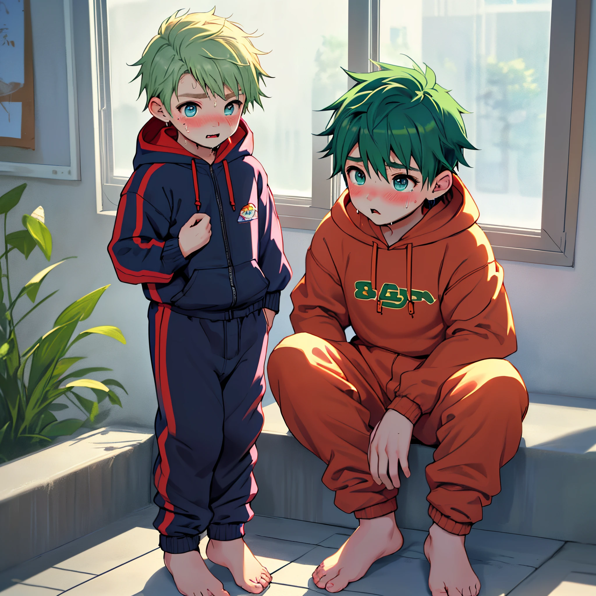 green hair and shiny bright blue eyes、Two boys sitting barefoot on a window ledge with little feet in big hoodies and sweatpants, Blushing, Drooling, 年轻, Boy, child,l, Toddler, small legs, (Sweatpants:1.4), (年轻:1.4), (child:1.4),ta:1.4)Coveralls