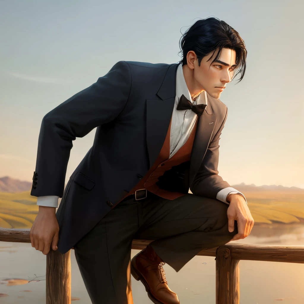 A man holding a balance, black hair, Western