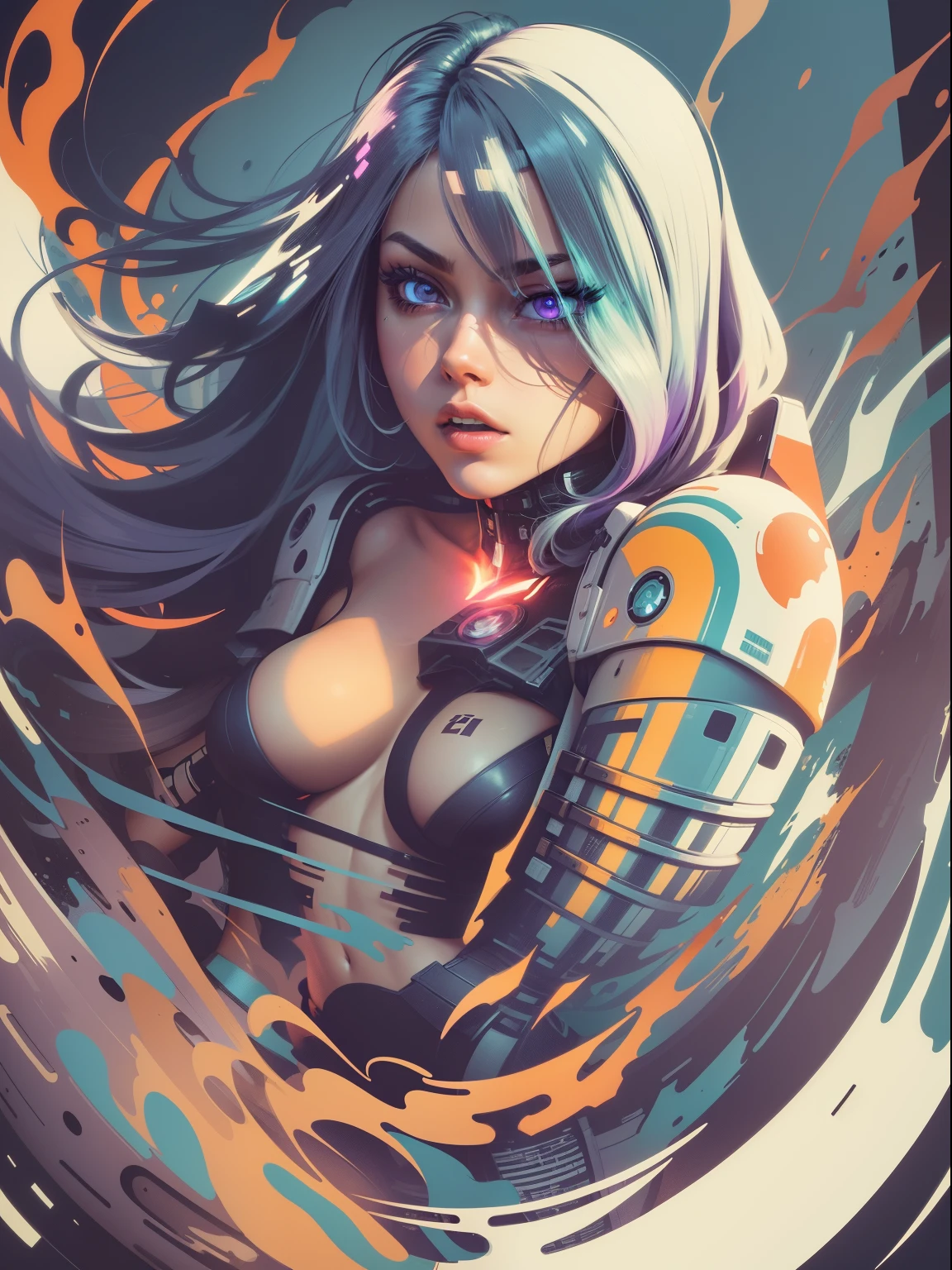 graphic design t-shirt, flat design, futuristic cyberpunk, girl in mix of tones, topless, sexy body, topless, flashing tits, natural tits, metal skin, metal nipples, laser beams, purple emissive eyes, colorful tones, clean highly detailed, vector image, smoke explosion, simple background, flat white background, vibrant composition, dinamic, bright vector ((white background) )