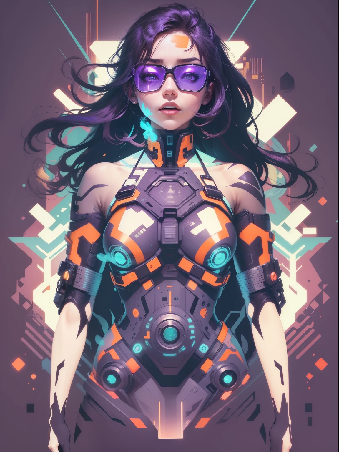 graphic design t-shirt, flat design, futuristic cyberpunk, girl in mix of tones, topless, sexy body, topless, flashing tits, natural tits, metal skin, metal nipples, laser beams, purple emissive eyes, colorful tones, clean highly detailed, vector image, smoke explosion, simple background, flat white background, vibrant composition, dinamic, bright vector ((white background) )