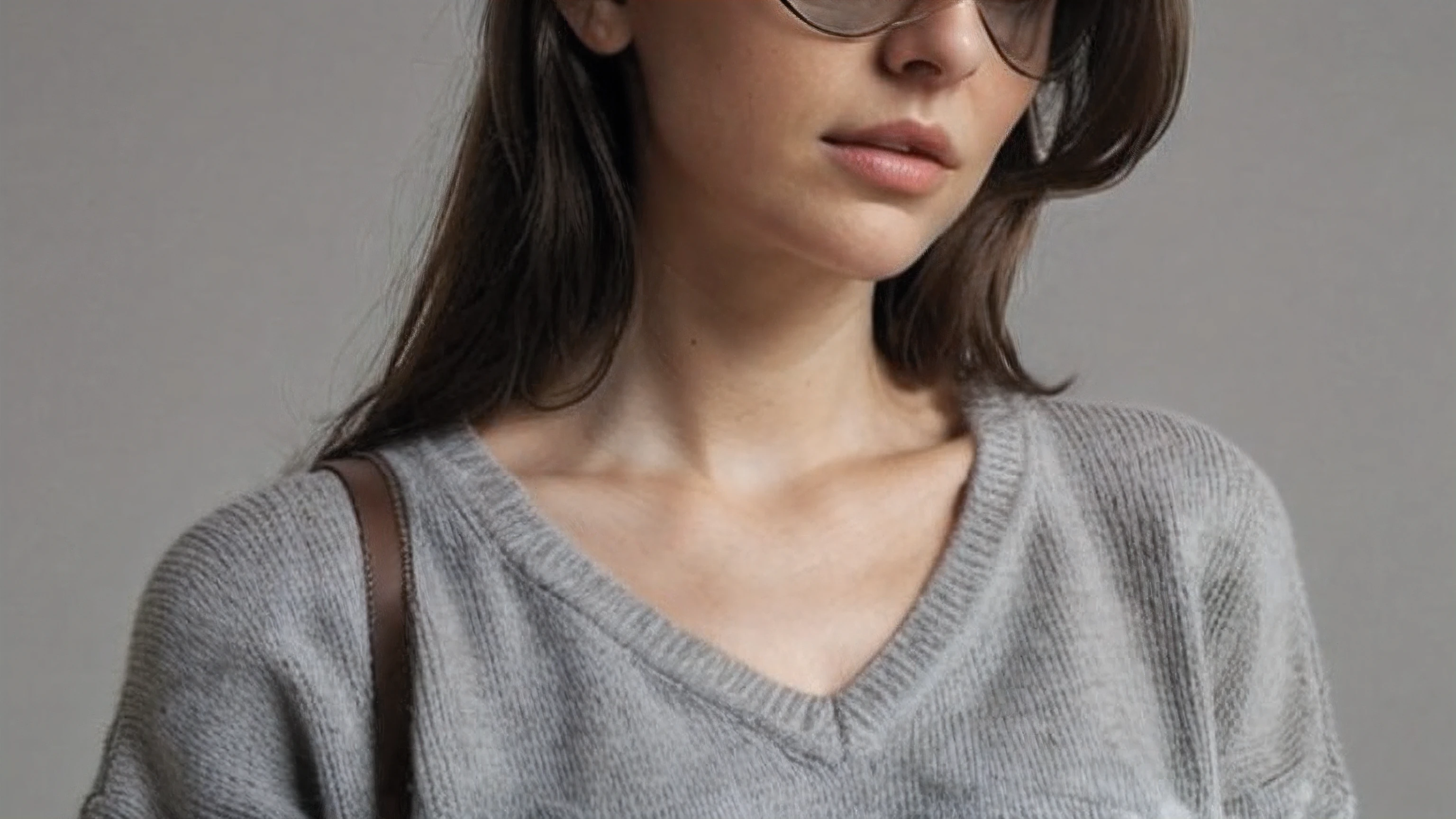 chest to chin closeup view, wearing v-neck sweater, brunette hair, soft collar bones, Caucasian, grey concrete background, hyper realistic face