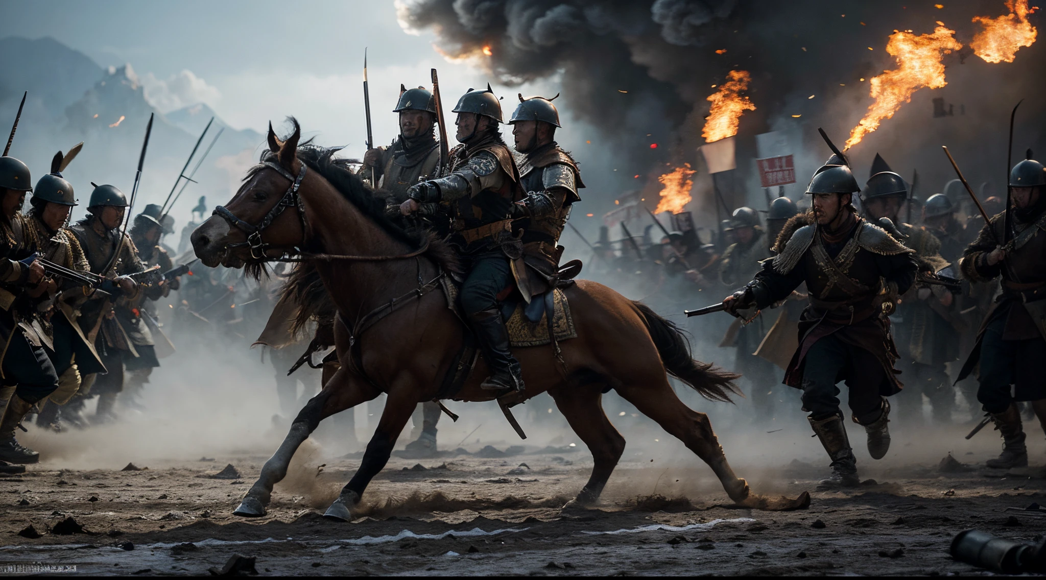 Generate a cinematic masterpiece illustrating the chaos and intensity of the feigned retreat. Capture the pursuing enemy forces in a symphony of confusion, with dynamic shots of Mongolian warriors strategically leading the enemy into disarray. Pay special attention to the cinematography, evoking the suspense and grandeur of an Oscar-nominated historical drama scene