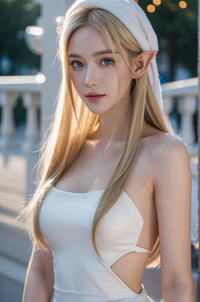 Elf beauty, large bust, slender figure, slitted blue eyes, dressed as Father Christmas, standing on church roof, ideal proportions, only one person, full body portrait, semi-long blonde hair, gently smiling, full body photo, ultra realistic. Realistic capture, high detail, high resolution 16K human skin close-up Skin texture must be natural, pores so detailed that they can be finely identified Mix4, 20d, SOLO, full body, look-at viewer, (8K, RAW capture, finest 1), (Real Photo 2) Real Photo Realistic: 1.37), professional lighting, photon mapping, radiosity, physics-based rendering.