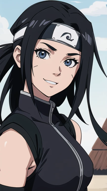 Naruto Shippuden anime screencap of one girl, Ninja of Konoha Village, wearing Konoha headband, with with black hair, hair lenght until bust, straight hair, hair parted in center of head, round face. hairstyle with a center part, that the hair should be parted down the middle, creating a symmetrical look without any frontal hair covering the forehead. Ninja. Looking at viewer, smiling.