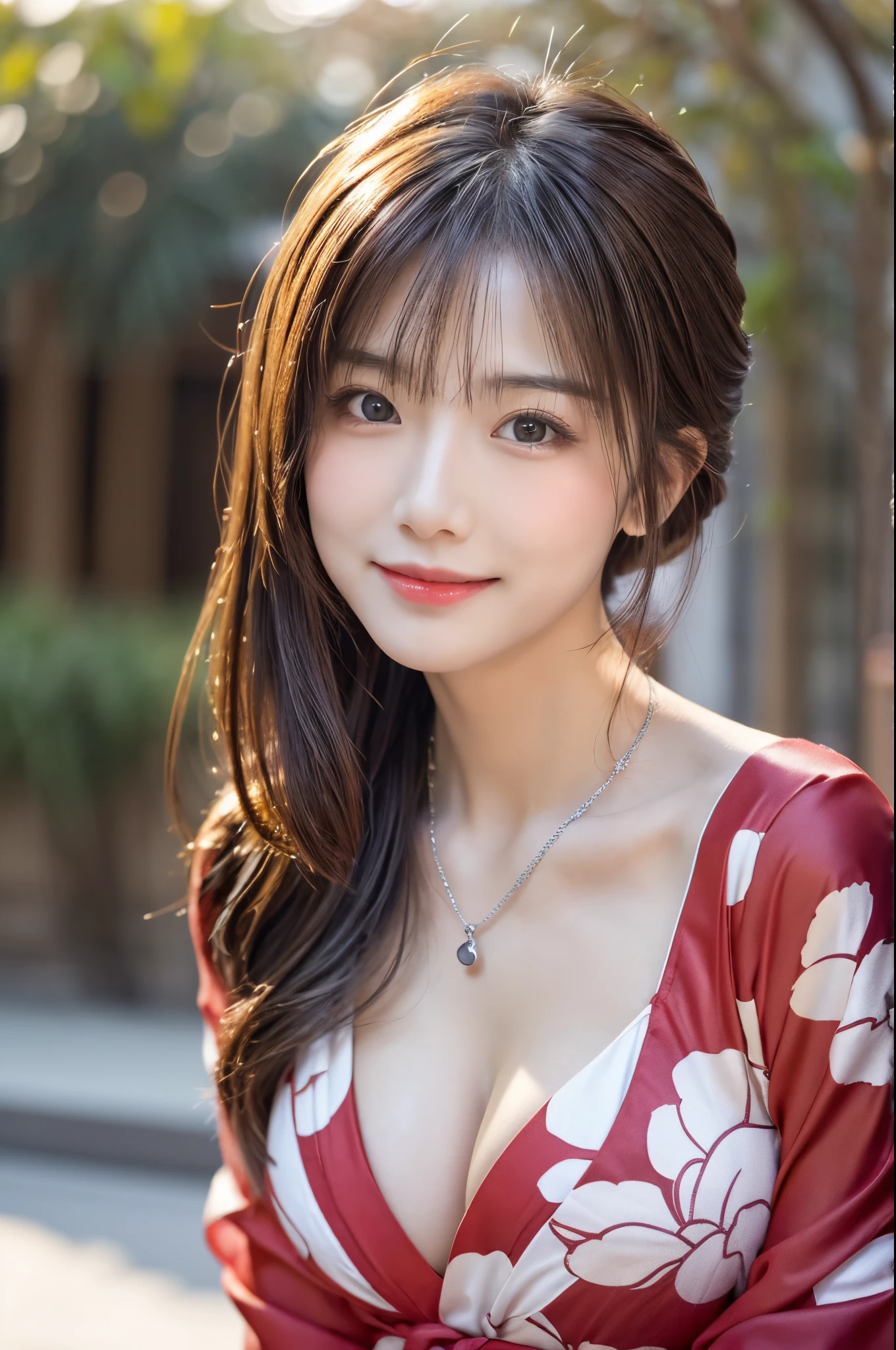 (masutepiece:1.3, Photorealsitic:1.4, 8K), top-quality, masterpiece, 超A high resolution, Perfect dynamic composition, Highly detailed skin and facial texture:1.3, A detailed eye, Detailed limbs, The precincts of a summer night, skyrocket:1.2, 1girl in, Cute sexy 25 year old slim woman, Fair skin, ((Sense of clarity:1.1)), ((Huge chest on the verge of bursting:1.0, Do not show areola, gigantic cleavage:1.15)), (Natural smile:0.9, Totally captivates you:0.9), ((red long sleeve yukata:1.3, Only the shoulders are exposed)), (Beautiful blue eyes, Eyes with a sense of beauty with a sense of transparency:0.85), Sexy face:0.4, red blush:1.0, (A mouthfeel that feels beautiful eros:0.85), (Facing the front, randome pose), Professional camera work, Grow Light Effect, ((Too erotic and cute:0.9)), Silver necklace