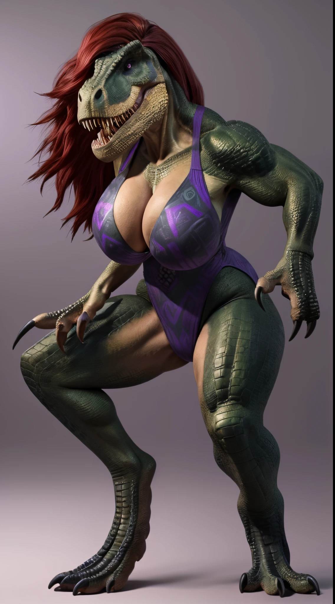 "(full body image, photo, realistic, high quality, 8k), solo, BREAK, 40 year old, (anthro Tyrannosaurus:1.7), woman, ((Green Scales:1.7), realistic scales, (scales over body:1.9)), (Long Elegant Red Hair:1.8) ,(large breasts:1.65), (voluptuous:1.3), (muscular:1.8), athletic, toned, (broad hips:1.4), curvy, (hourglass body:1.6), powerful legs, tall, fierce expression, powerful pose, (blue eyes:1.2), open mouth, (sharp teeth:1.5), ((wearing High-Cut Leotard:1.4), (Violet Patterned Leotard:1.5), (Push up Cleavage, tight)), ((3 Fingered Dinosaur Claws:1.5), matching hands, (black claws:1.7)), (Dinosaur tail coming out the lower back:1.2),"

Trex_Dinosaur, therapod, highleg leotard,