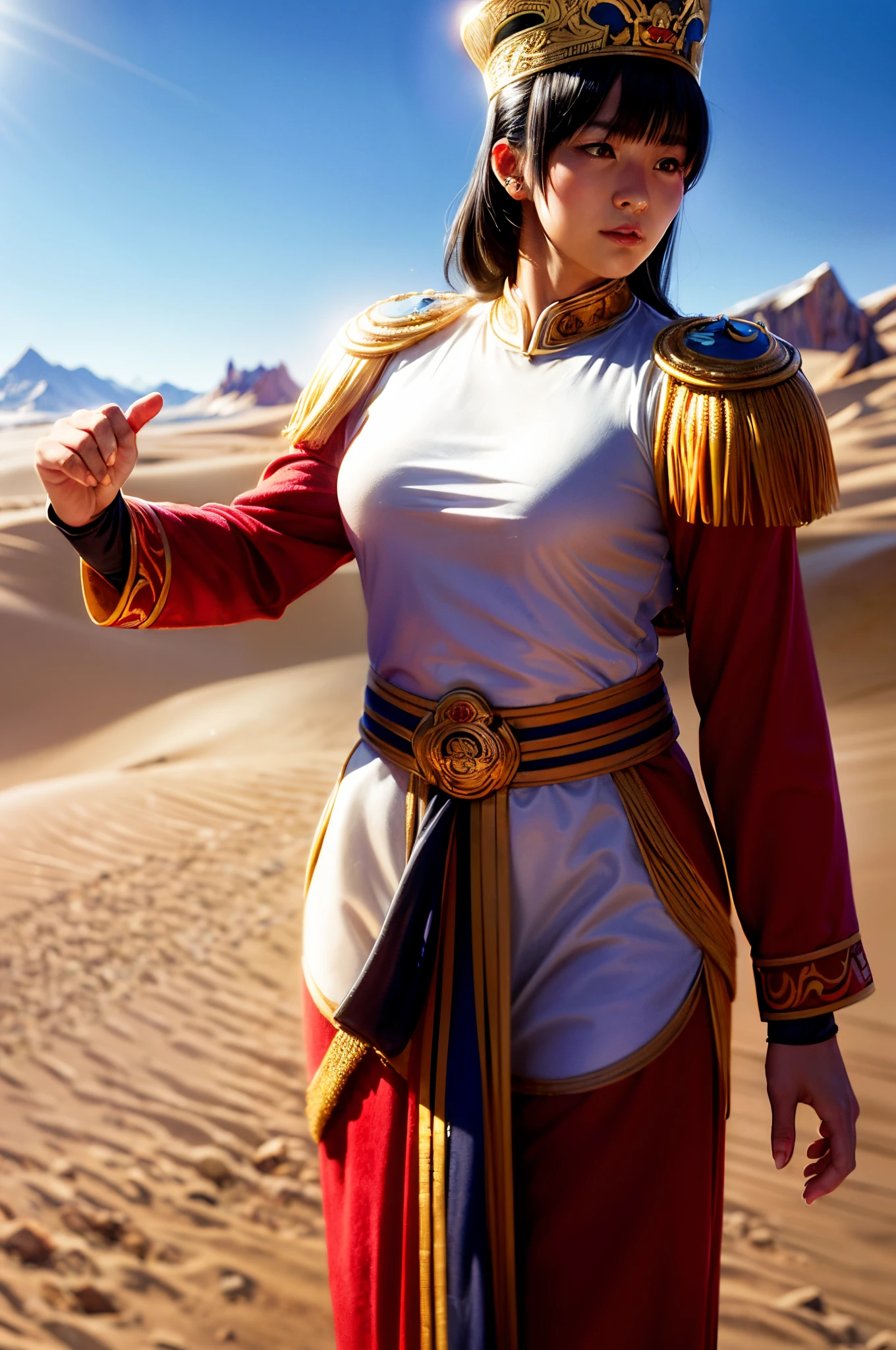 absurderes,(​masterpiece、top-quality、8K ),intricate detailes,ultra-detailliert,Black hair,Eyes are yellow,short-hair,H-cup,Beautiful girl of the Mongolian soldier,A slight smil,Hyper realistic,An ultra-high picture quality,(Mongol soldier costume:1.4),(Wide desert,:1.4),Mongol Empire,(close range)