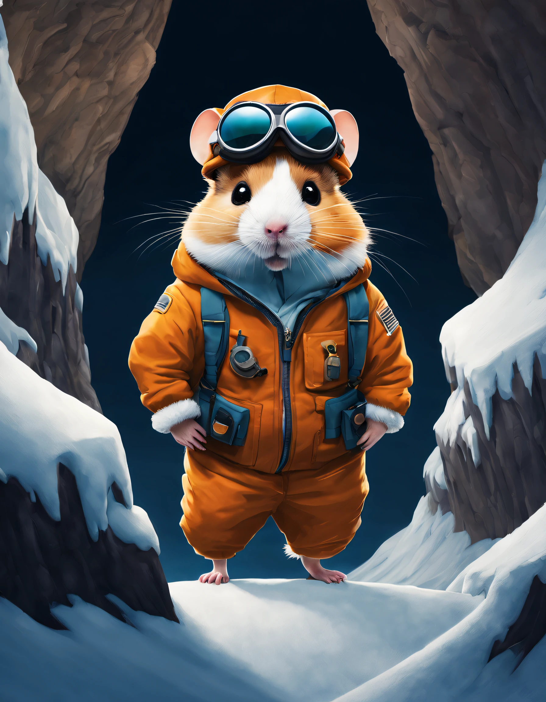 （Cute adventurer hamster standing on the plane），Wear flight suit and goggles，The expression of the fourth middle school student，Background with：between two snow-covered cliffs，
pixar-style，Felicia Simien and Studio Ghibli-style minimalist photography，Produced by Pixar，Maximalism，fine art，negative space，Dark art，