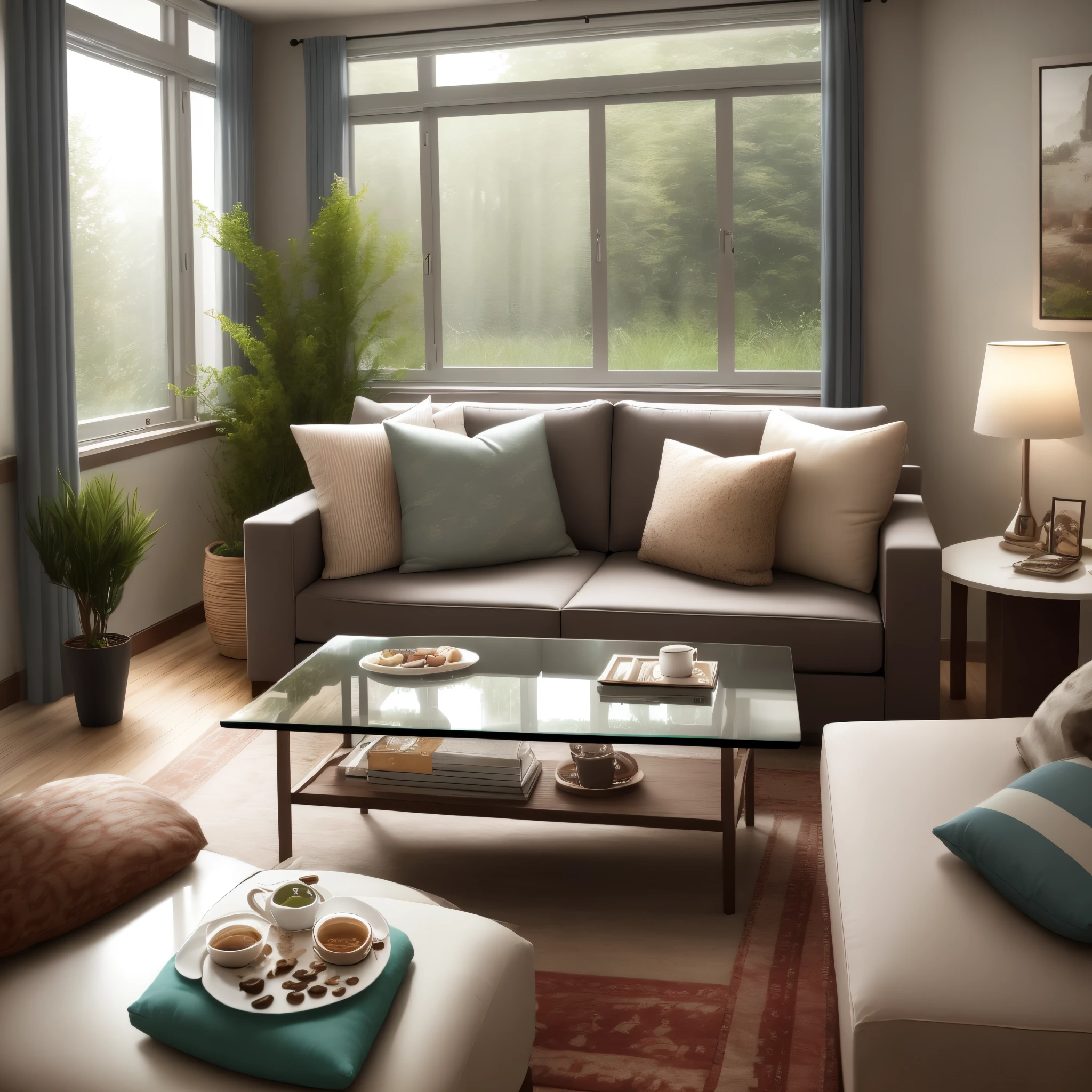 a home interior design, modern minimalis, cozy, luxury, light soft mustad color, natural color sofa with many pillows, glass coffee table, vas flower on it, soft lighting, high windows glass, showing outdoor beautiful breeze algonema garden