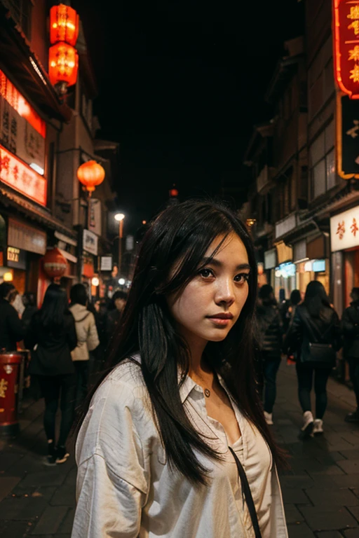 A girl with long black hair in a city with Chinese and Japanese architecture, Surrounded by crowds of people, lonely back. a dark night, red light,Lively city. medieval city, there is a bridge.