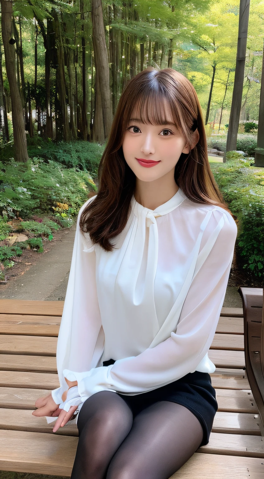 (Best Quality, masutepiece, Ultra HD: 1.3, High brightness, High color saturation), 1girl in, （middlebreasts）, light brown hair, Asymmetrical hair, straight haired, Long hair, （ slender body shape, Constricted waist）, （Ultra Fine Face）, Delicate lips, （beautidful eyes）, thin blush, eyes are brown, perfect glossy skin, View here, Smiling smile, （ hide one's hands）, （Sitting on a bench）, （thin and long legs, Thighs and toes:1.5), See-through white blouse, （Black enamel mini skirt*1.5）, （Black stockings）, (a japanese girl, hposing Gravure Idol), Broad-leaved forest, 135 mm, Fuji Film