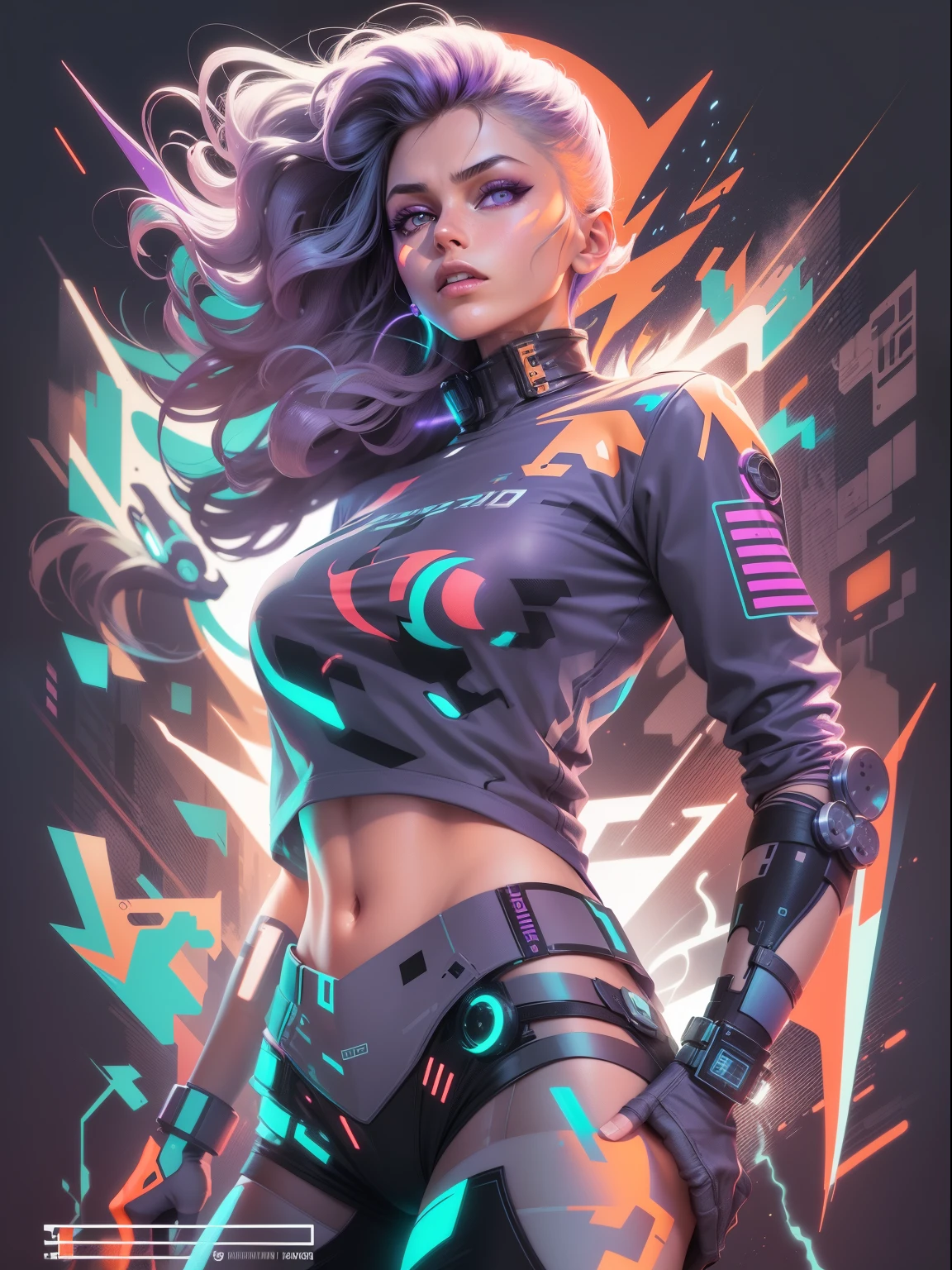 graphic design t-shirt, flat design, futuristic cyberpunk, girl in mix of tones, topless, sexy body, metal skin, laser beams, purple emissive eyes, colorful tones, clean highly detailed, vector image, smoke explosion, simple background, flat white background, vibrant composition, dinamic, bright vector ((white background) )